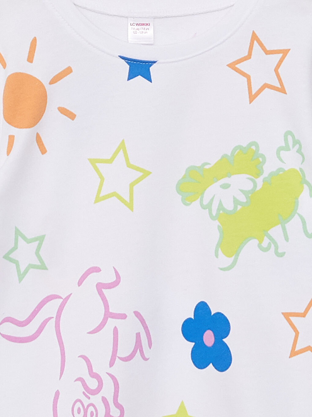 Beyaz Bisiklet Yaka Baskılı Uzun Kollu Kız Çocuk Pijama Takımı-3