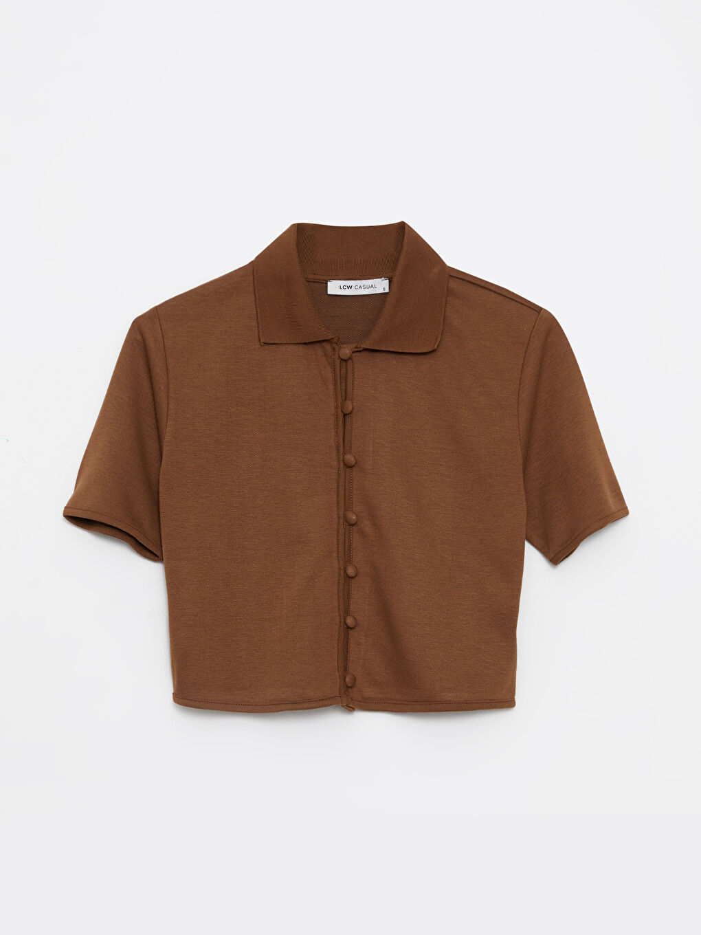 Kahverengi Polo Yaka Düz Kısa Kollu Crop Kadın Tişört-5