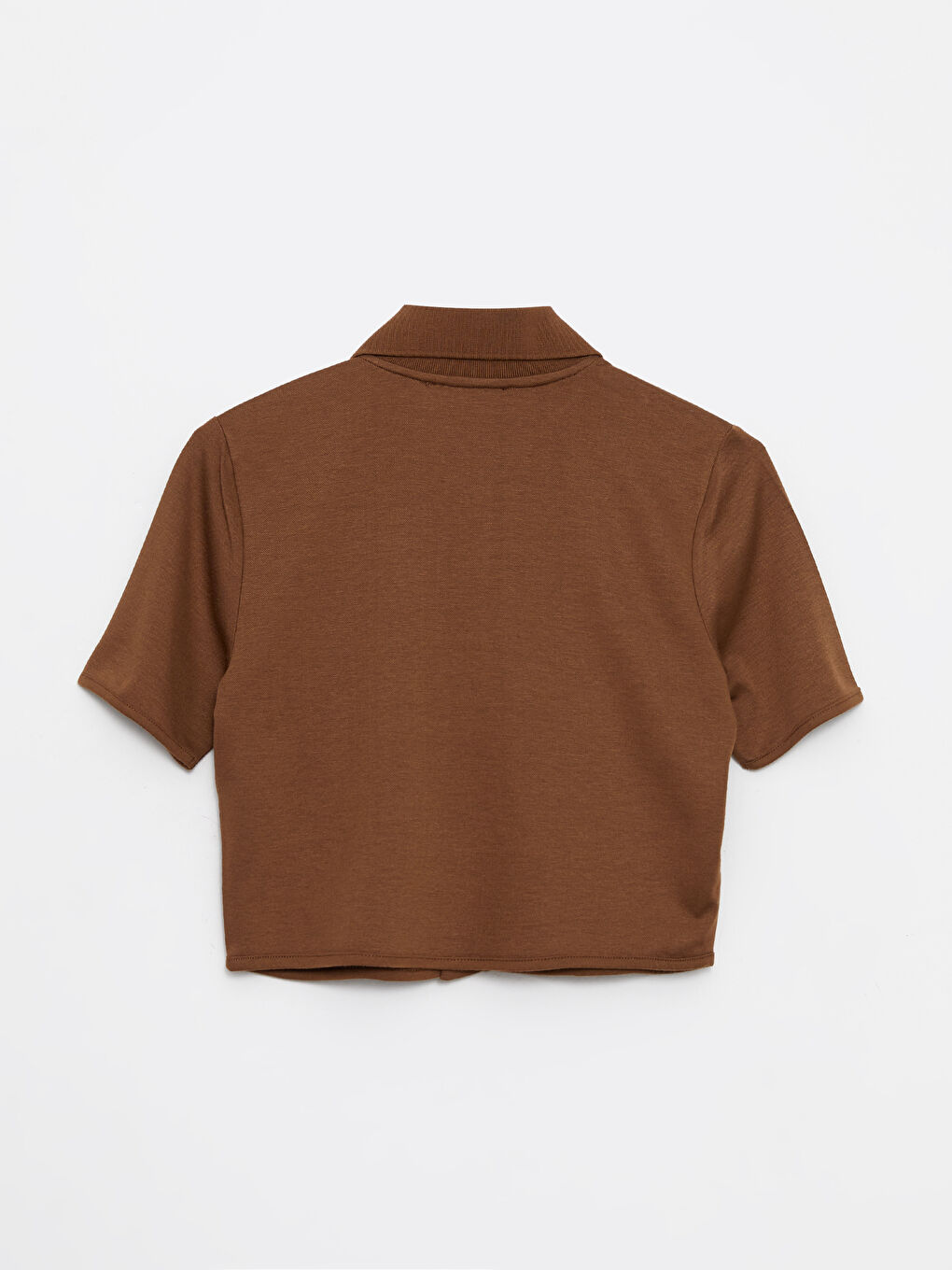 Kahverengi Polo Yaka Düz Kısa Kollu Crop Kadın Tişört-6