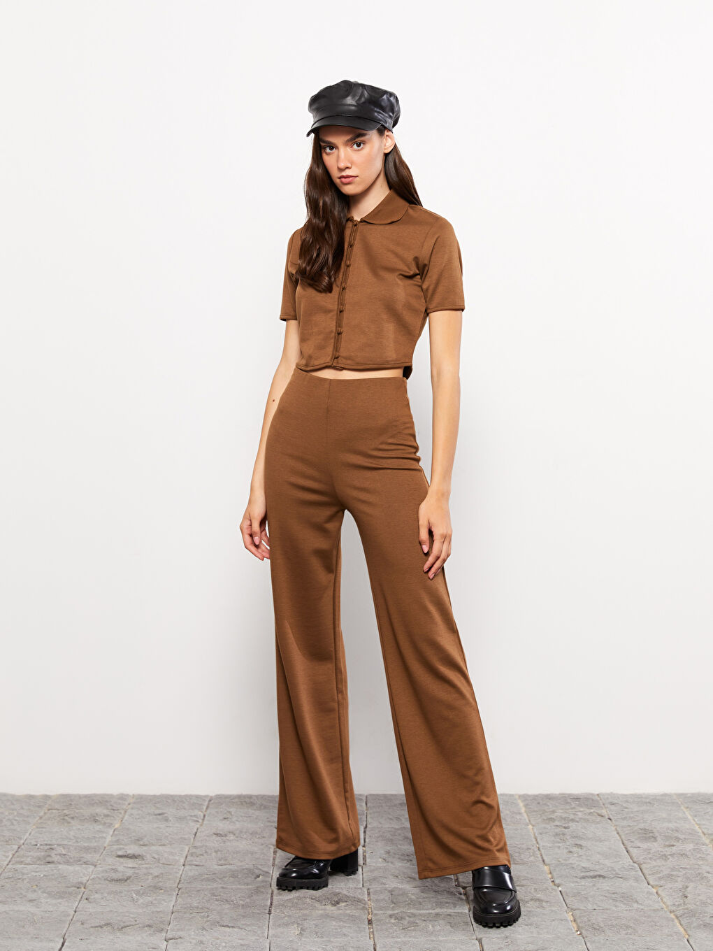 Kahverengi Kadın Beli Lastikli Rahat Kalıp Düz Eşofman Altı-1