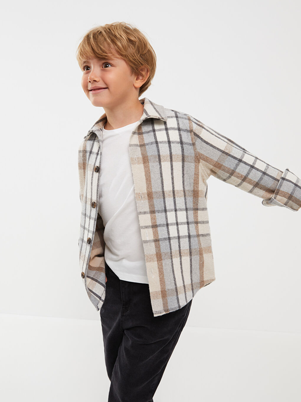 Bej Ekose Uzun Kollu Erkek Çocuk Gömlek Baba Oğul Kombini