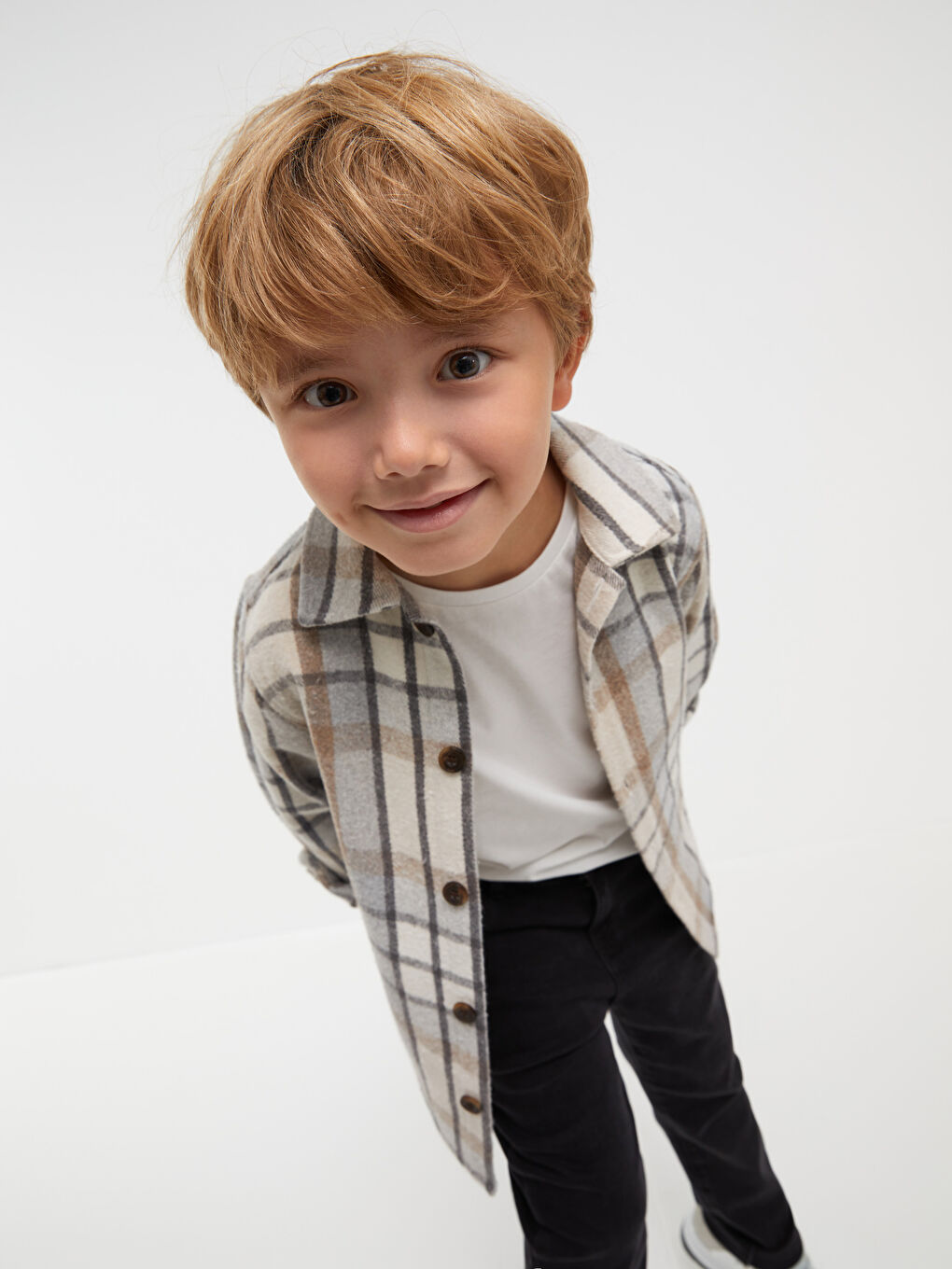 Bej Ekose Uzun Kollu Erkek Çocuk Gömlek Baba Oğul Kombini-1