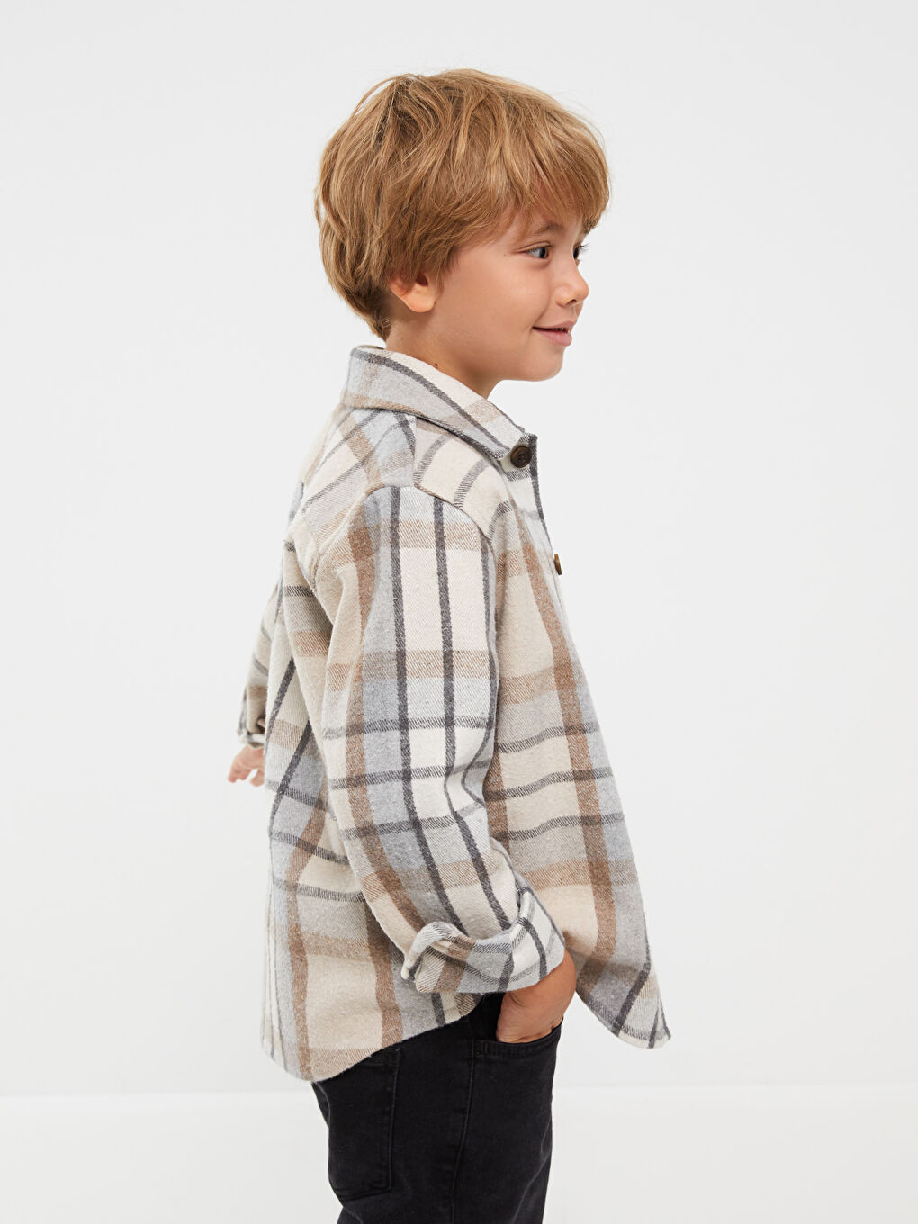 Bej Ekose Uzun Kollu Erkek Çocuk Gömlek Baba Oğul Kombini-2