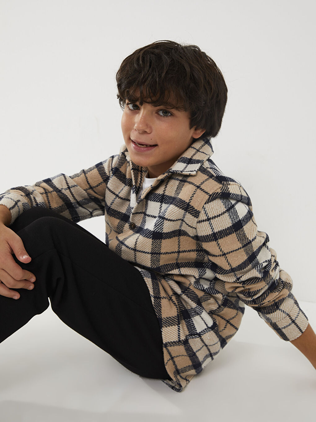 Bej Rahat Kalıp Ekose Erkek Çocuk Gömlek-1