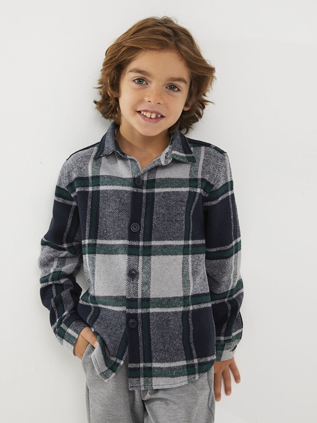 Lacivert Rahat Kalıp Ekose Erkek Çocuk Gömlek-1