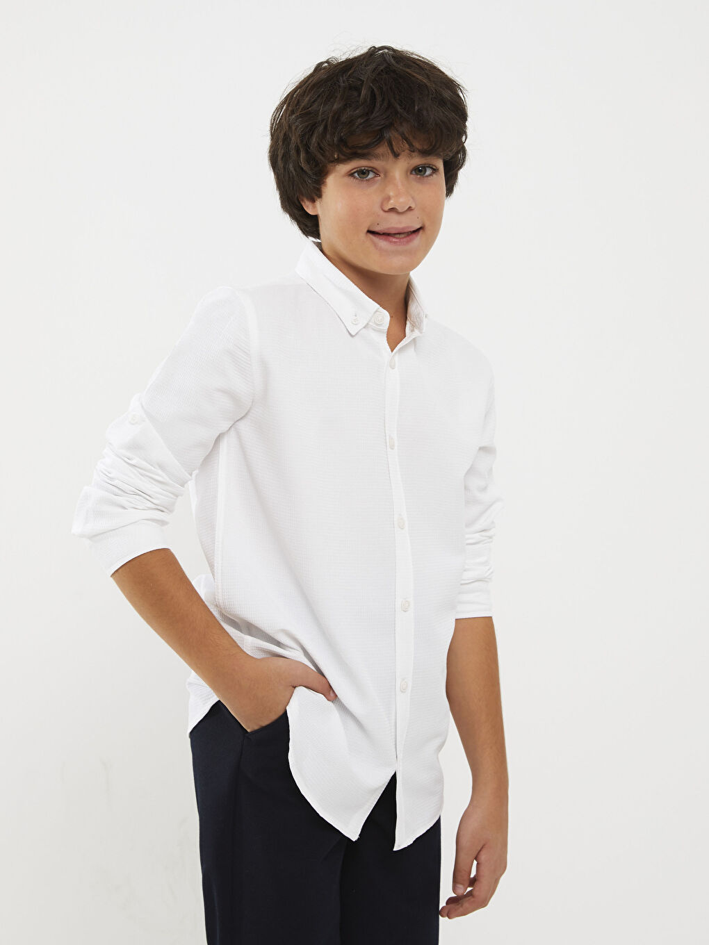 Beyaz Basic Uzun Kollu Erkek Çocuk Gömlek-1