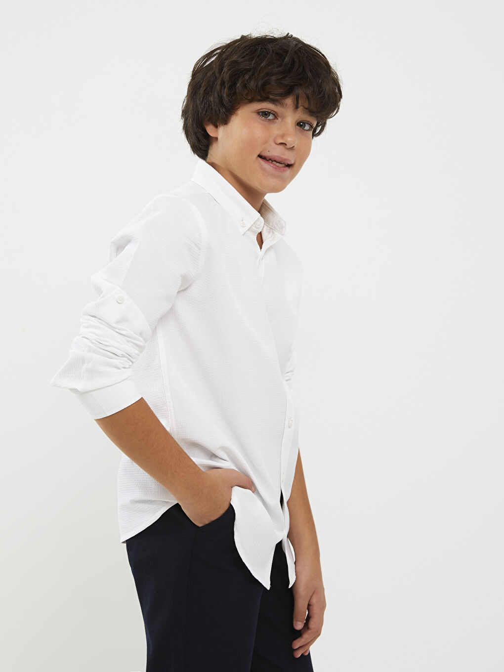 Beyaz Basic Uzun Kollu Erkek Çocuk Gömlek-2