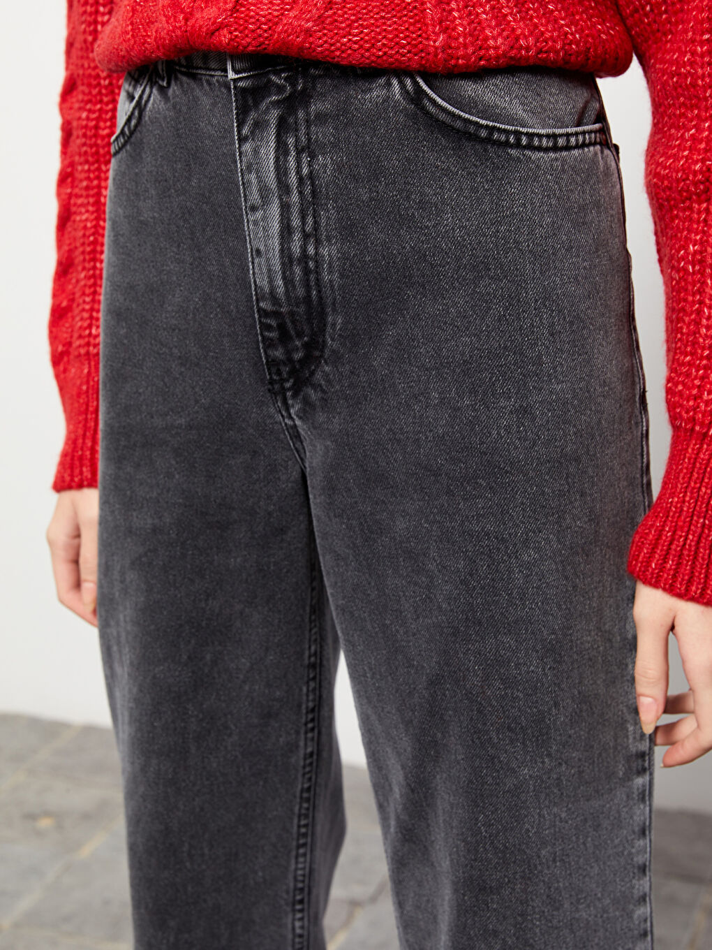 Antrasit Yüksek Bel Straight Kadın Jean Pantolon-2