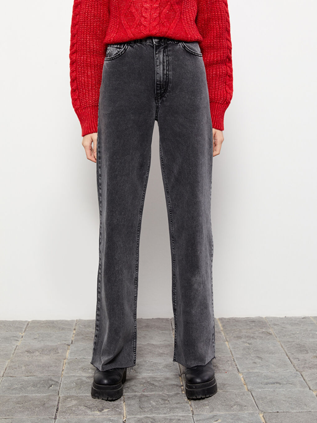 Antrasit Yüksek Bel Straight Kadın Jean Pantolon-3