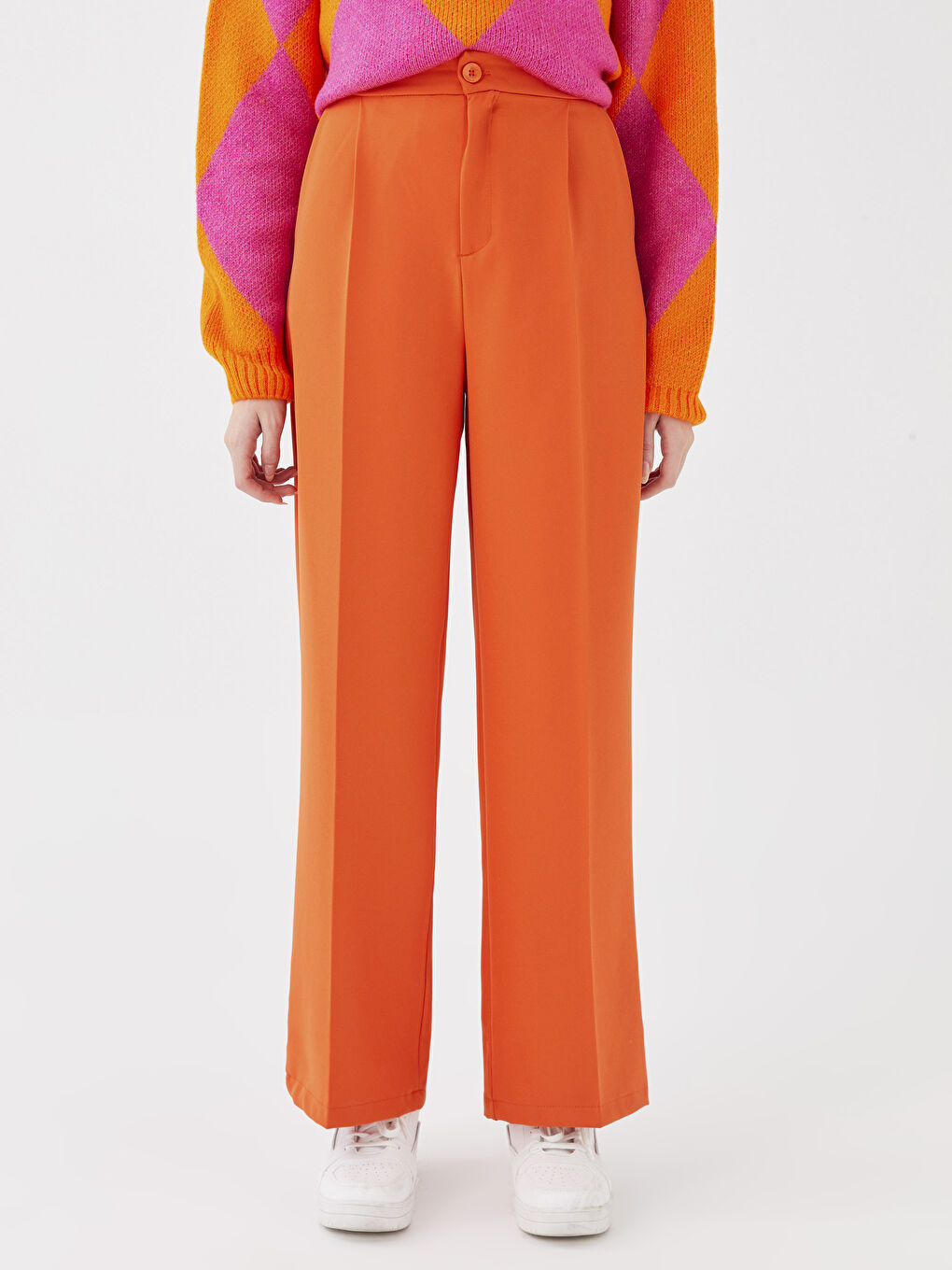Turuncu Kadın Rahat Kalıp Düz Pantolon-1