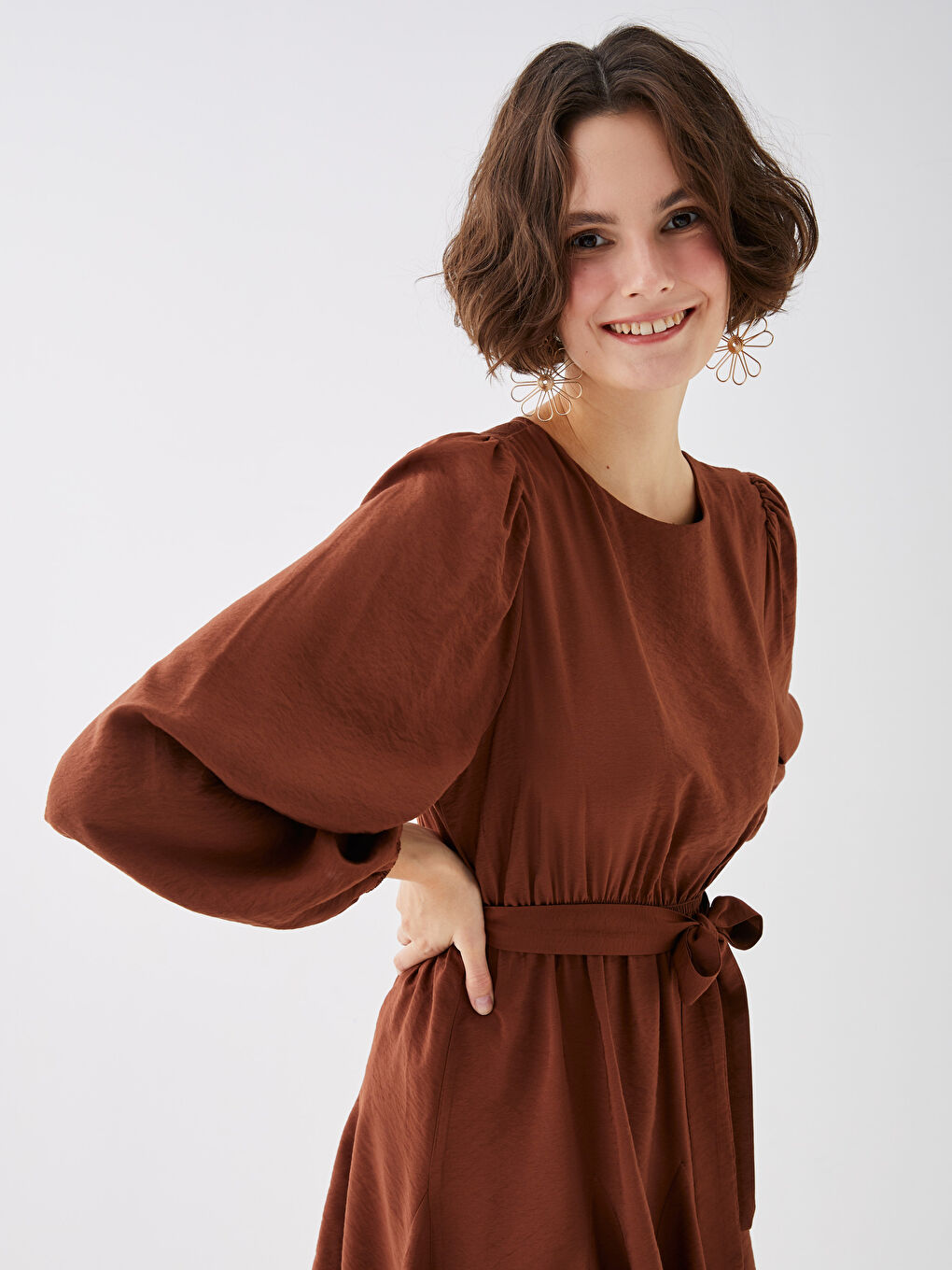 Kahverengi Bisiklet Yaka Düz Uzun Kollu Elbise-2