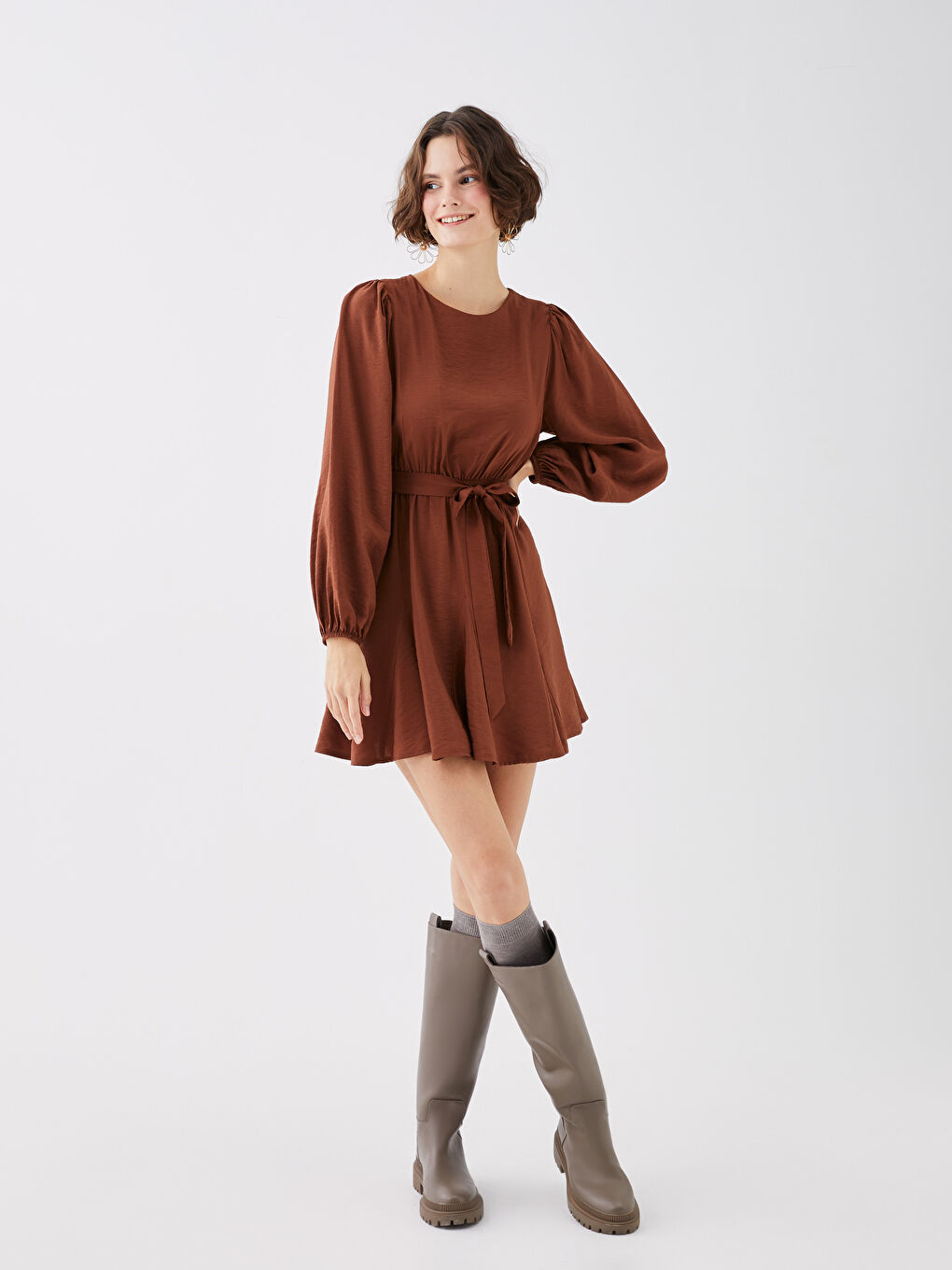 Kahverengi Bisiklet Yaka Düz Uzun Kollu Elbise-3