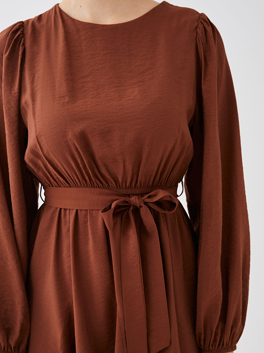 Kahverengi Bisiklet Yaka Düz Uzun Kollu Elbise-4