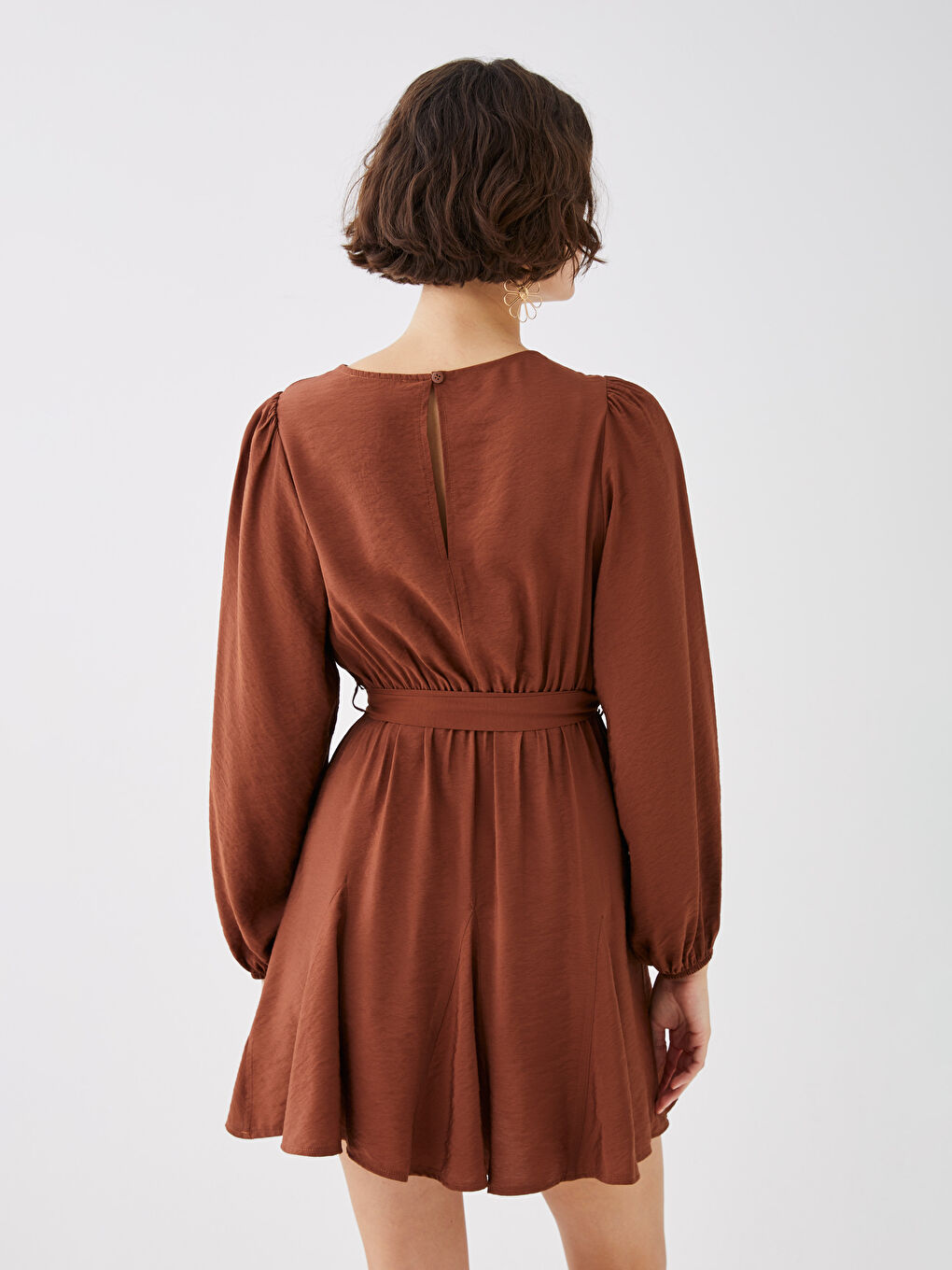 Kahverengi Bisiklet Yaka Düz Uzun Kollu Elbise-5