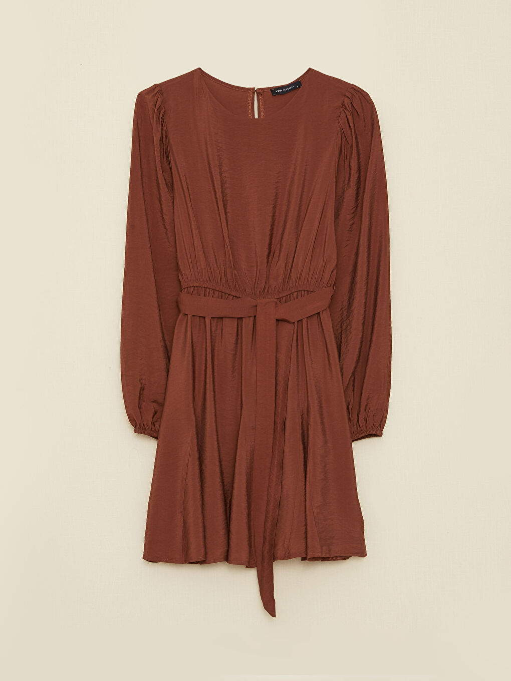 Kahverengi Bisiklet Yaka Düz Uzun Kollu Elbise-6