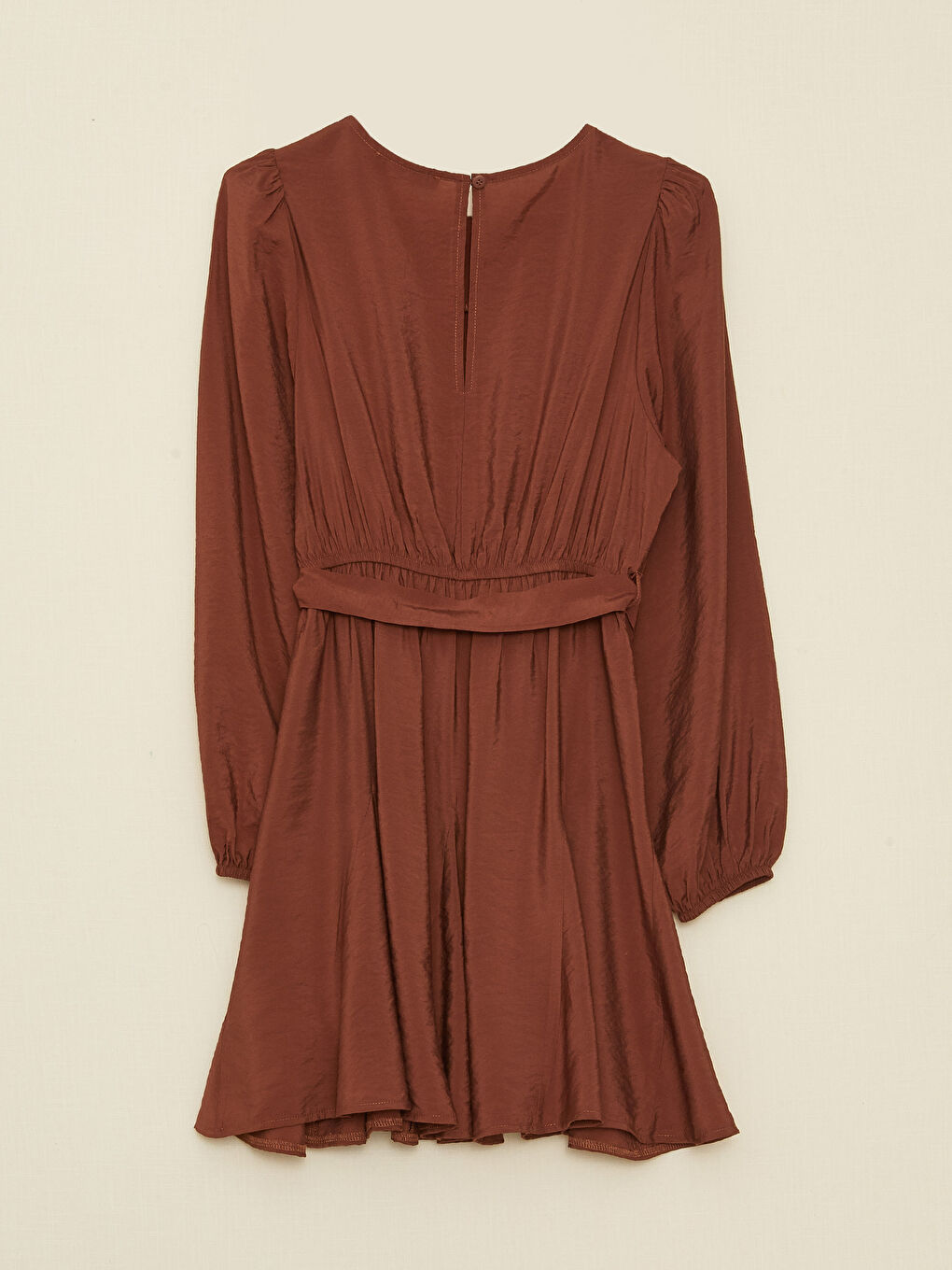 Kahverengi Bisiklet Yaka Düz Uzun Kollu Elbise-7