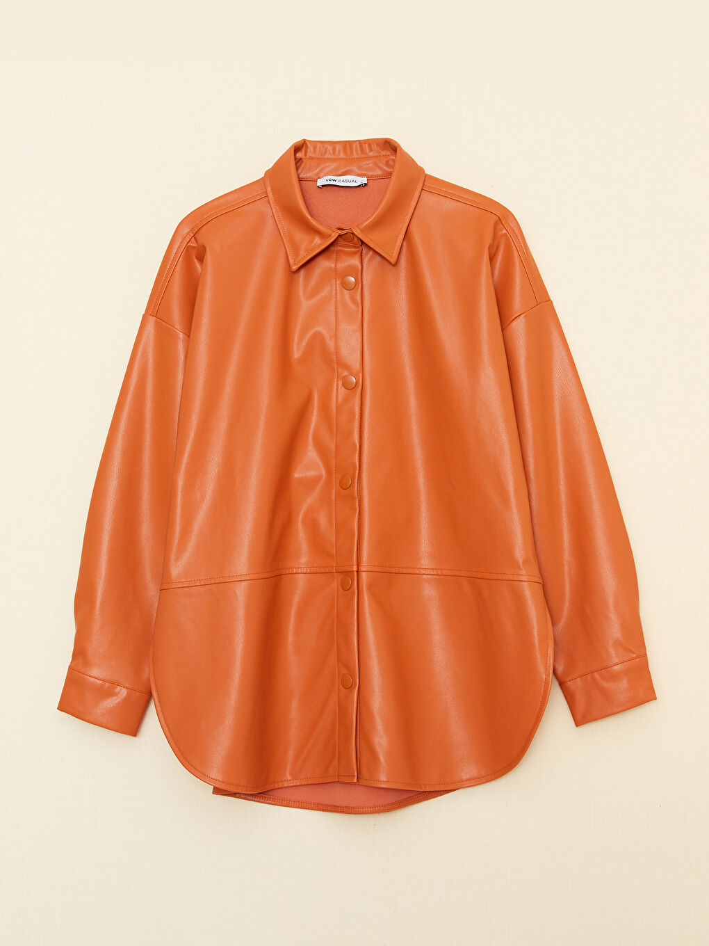 Turuncu Deri Görünümlü Düz Uzun Kollu Kadın Gömlek Ceket-3