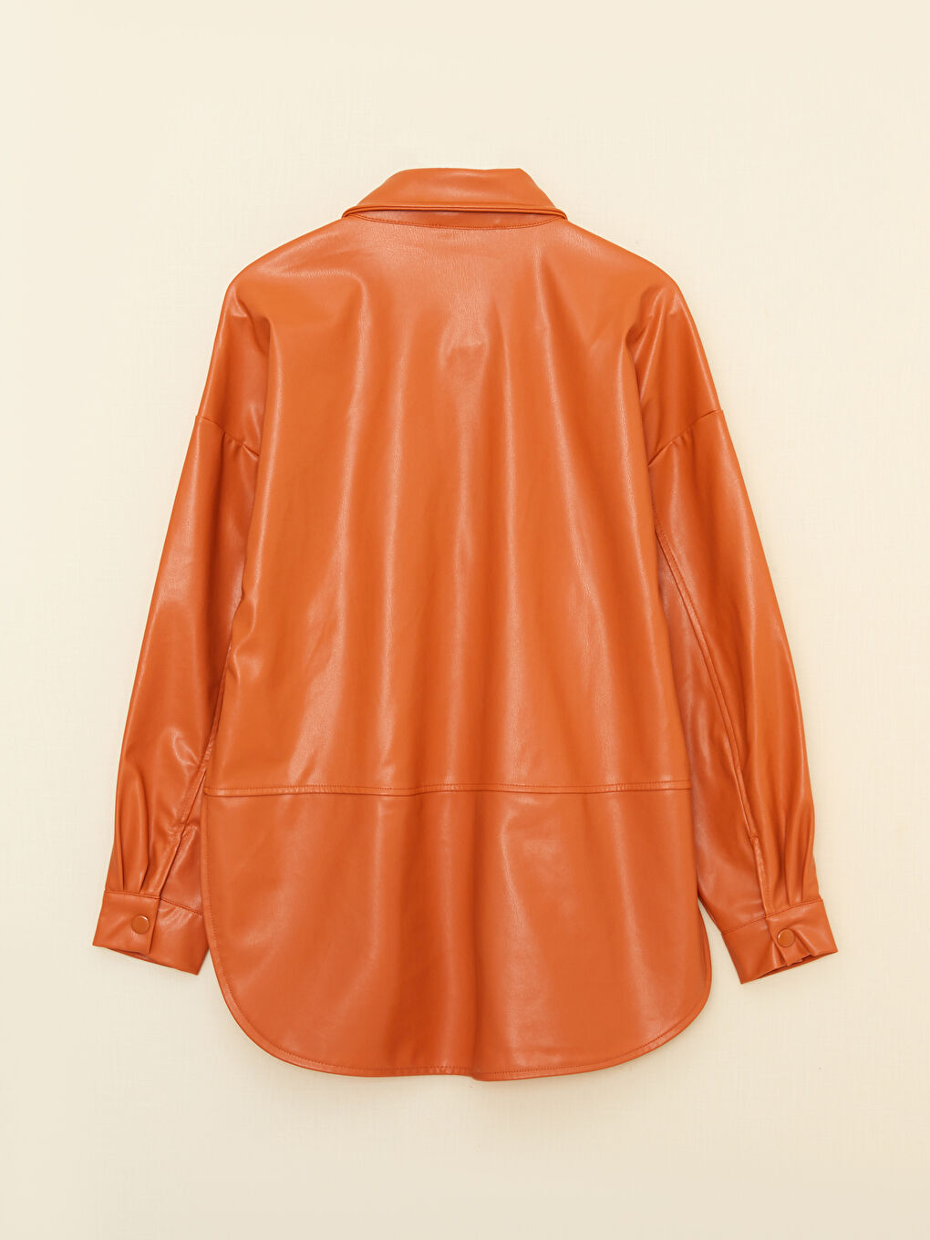 Turuncu Deri Görünümlü Düz Uzun Kollu Kadın Gömlek Ceket-4