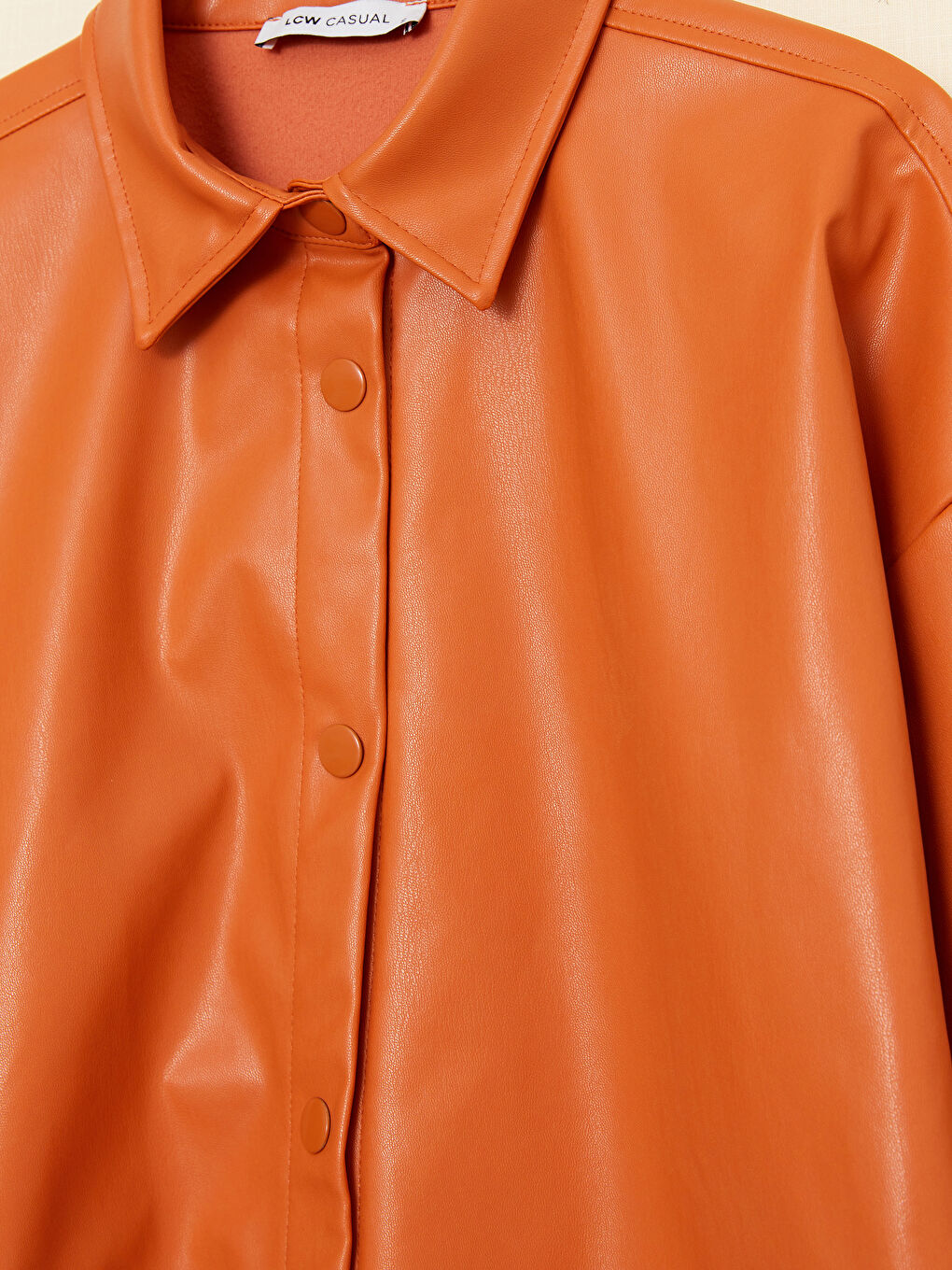 Turuncu Deri Görünümlü Düz Uzun Kollu Kadın Gömlek Ceket-5