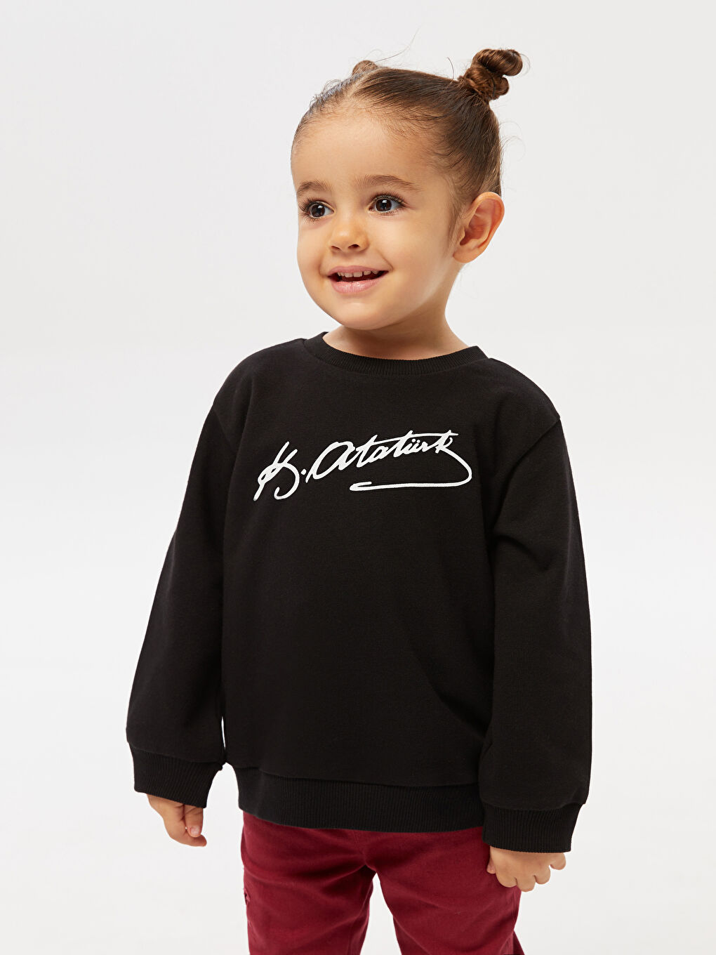 Siyah Bisiklet Yaka Uzun Kollu Atatürk İmza Baskılı Kız Bebek Sweatshirt