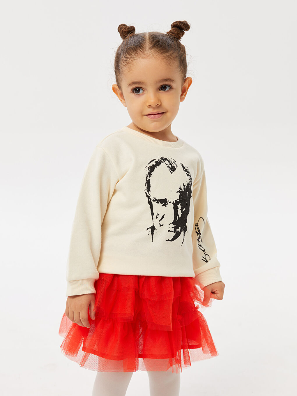 Ekru Bisiklet Yaka Uzun Kollu Atatürk Baskılı Kız Bebek Sweatshirt