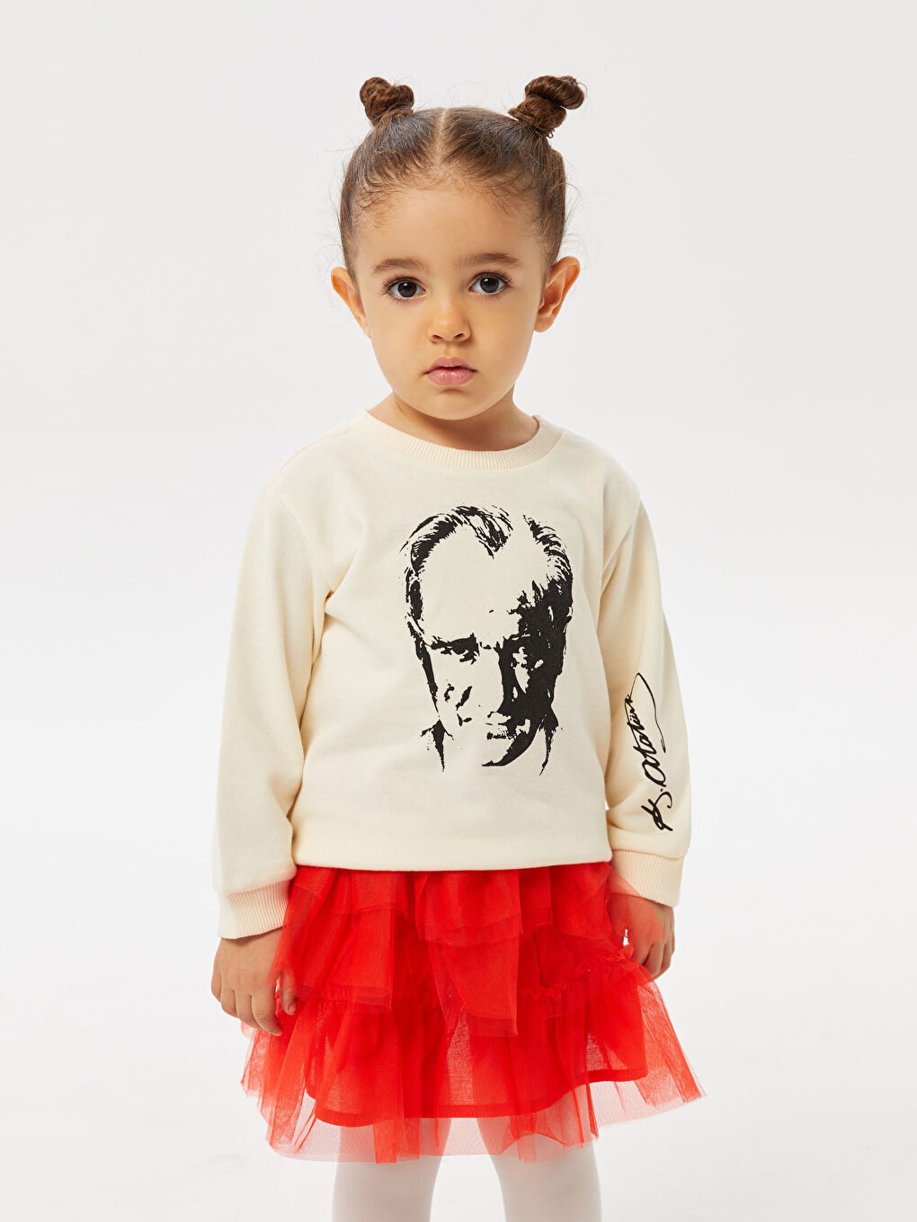 Ekru Bisiklet Yaka Uzun Kollu Atatürk Baskılı Kız Bebek Sweatshirt-1