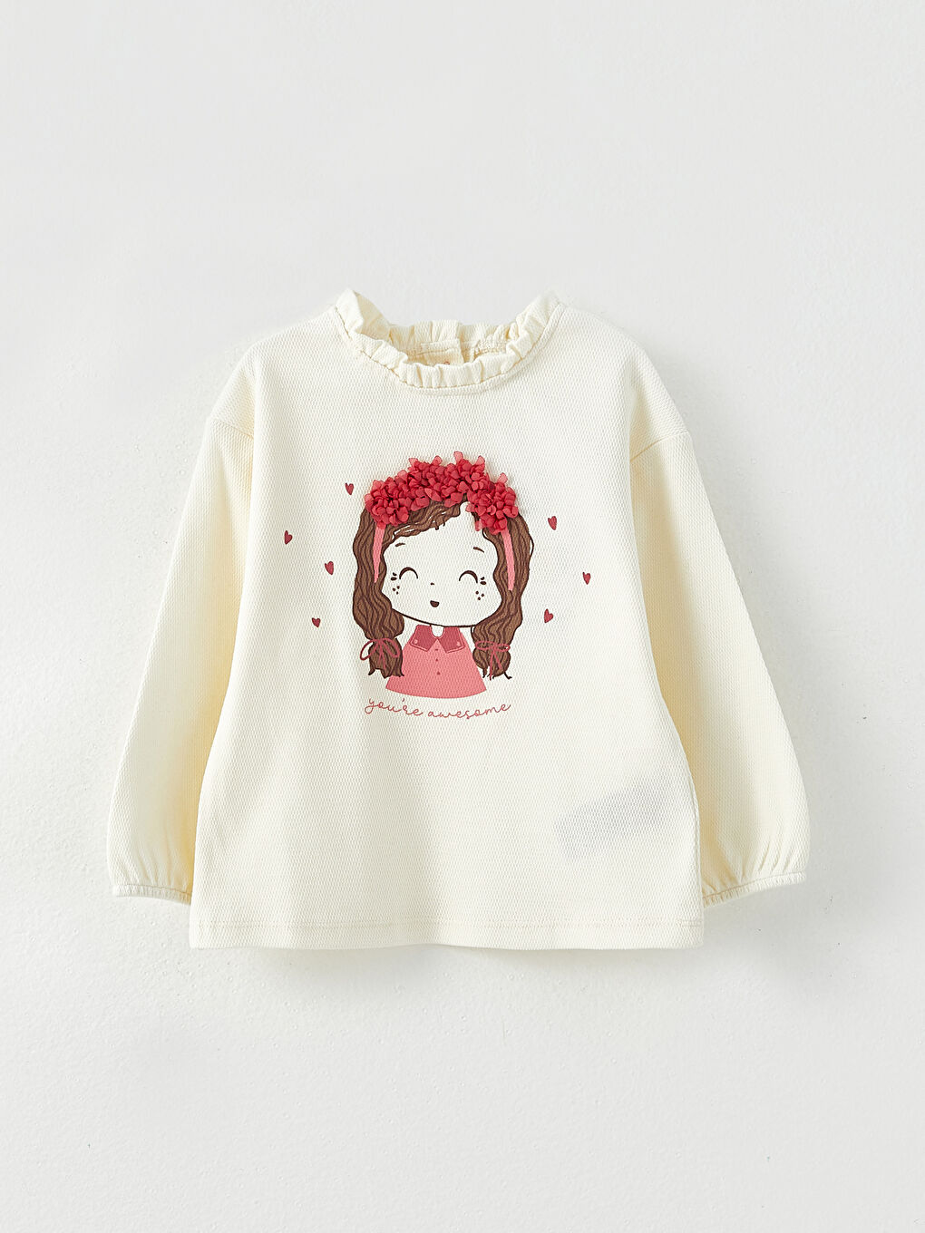Ekru Dik Yaka Uzun Kollu Baskılı Kız Bebek Tişört