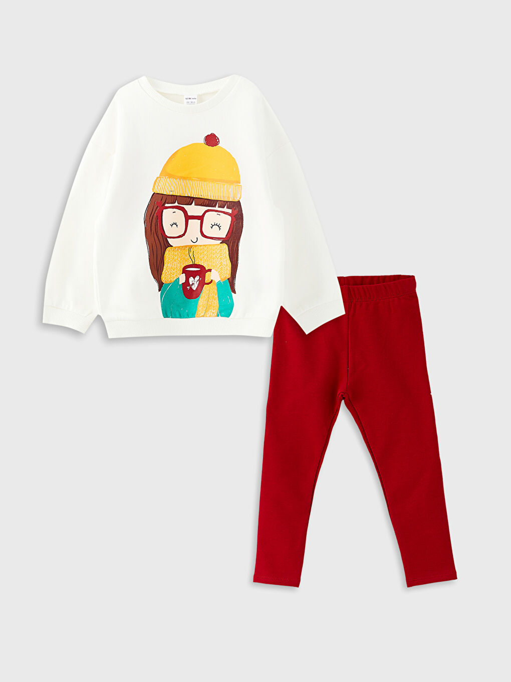 Ekru Bisiklet Yaka Uzun Kollu Baskılı Kız Bebek Sweatshirt ve Tayt 2'li Takım