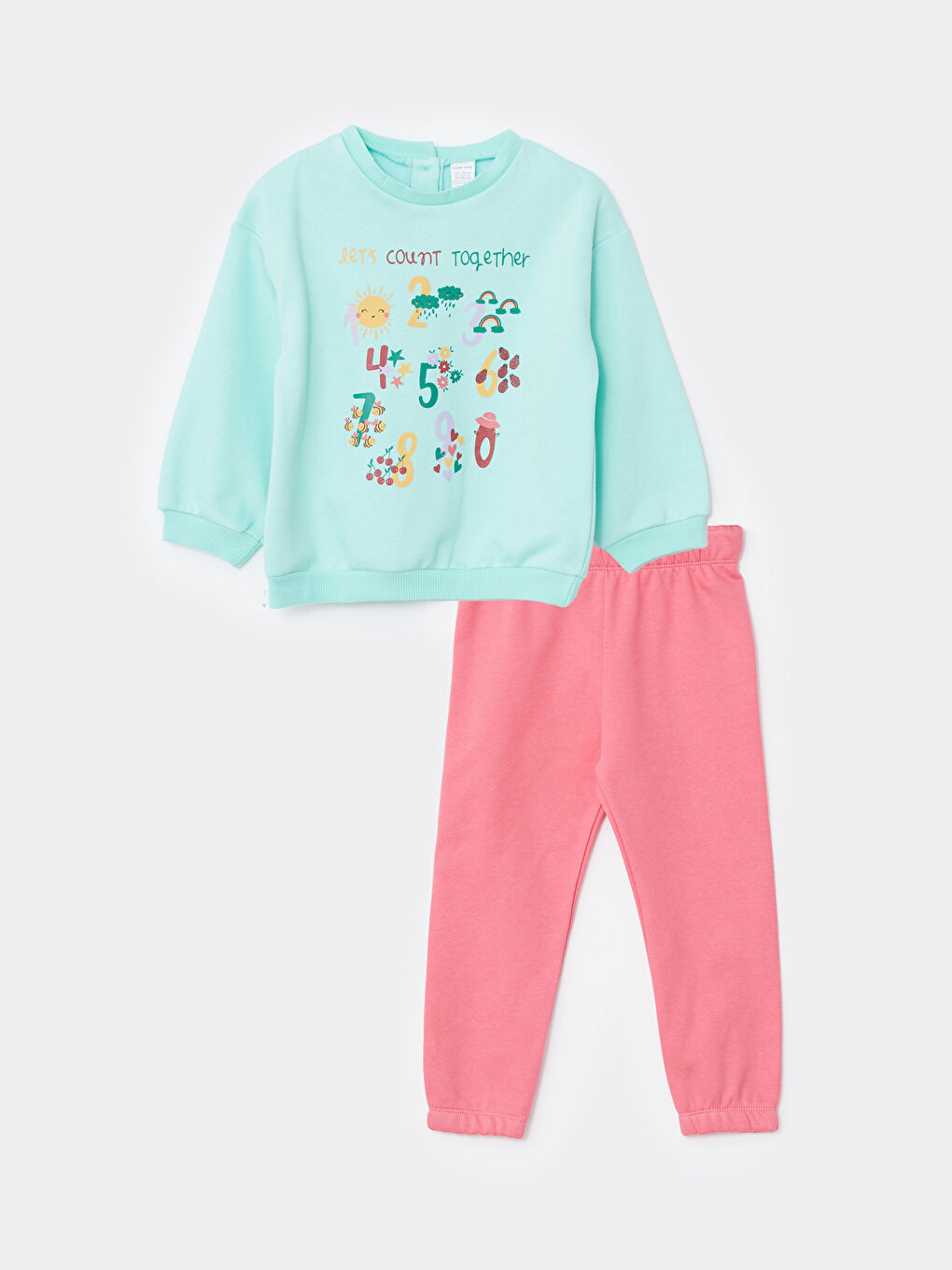 Turkuaz Bisiklet Yaka Uzun Kollu Baskılı Kız Bebek Sweatshirt ve Eşofman Alt 2'li Takım