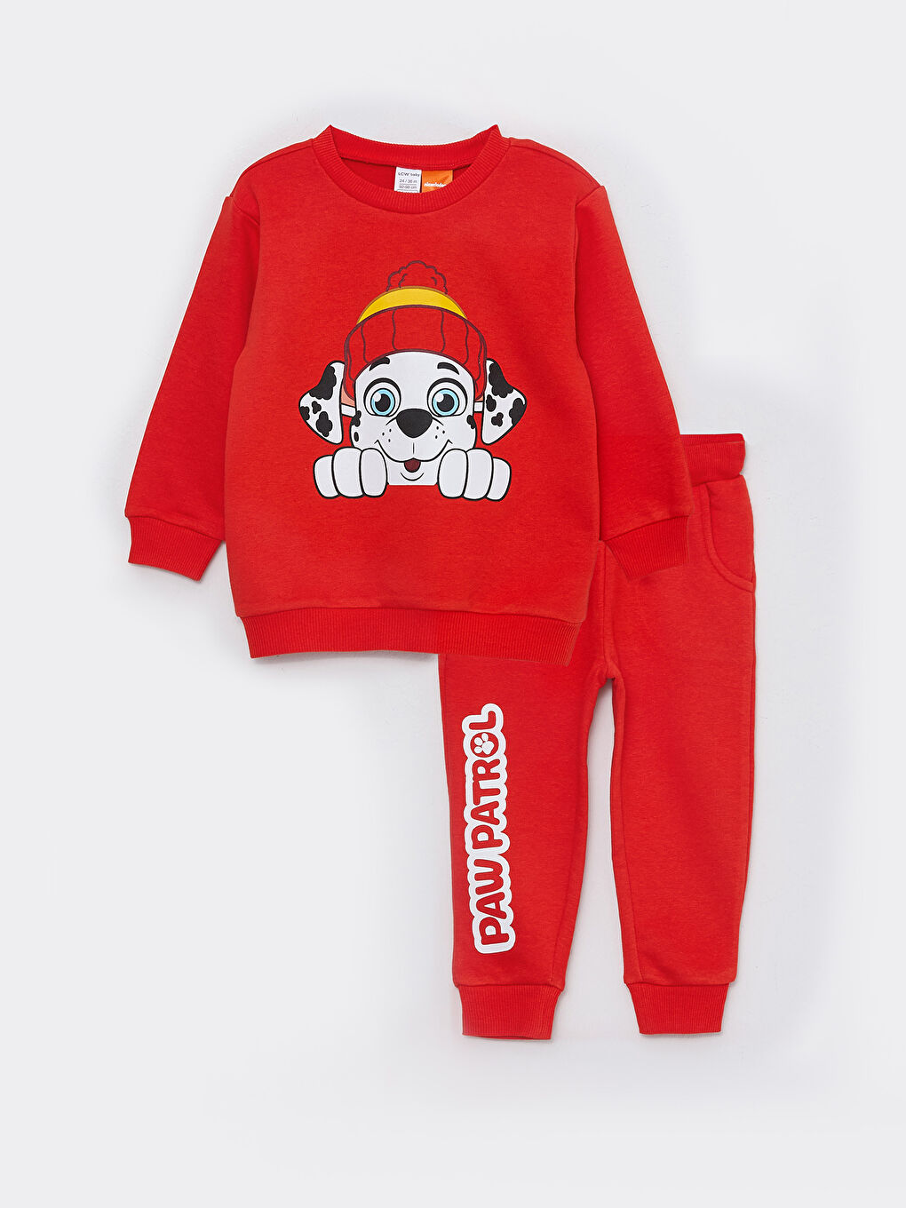 LCW baby Kırmızı Bisiklet Yaka Uzun Kollu Paw Patrol Baskılı Erkek Bebek Sweatshirt ve Pantolon 2'li Takım