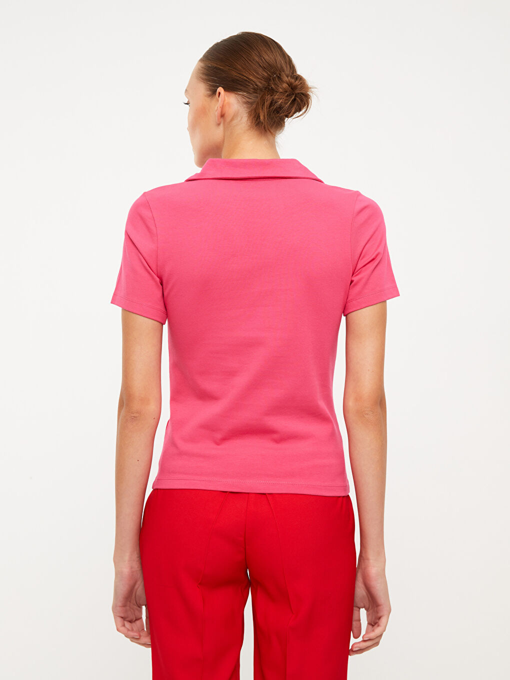 Pembe Polo Yaka Düz Kısa Kollu Kadın Tişört-4