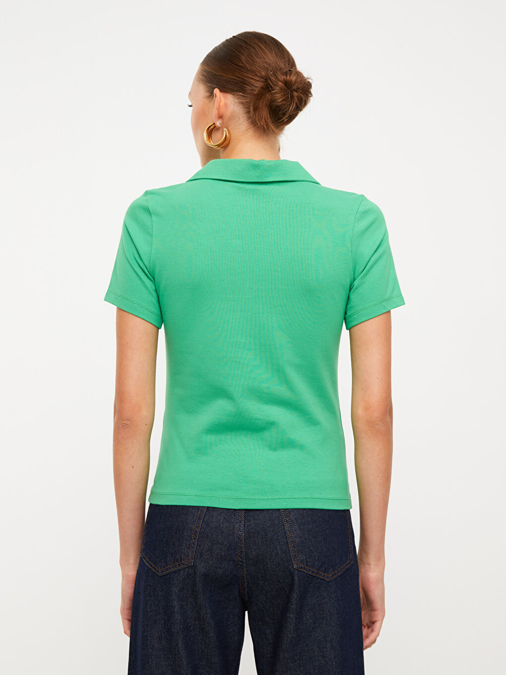 Yeşil Polo Yaka Düz Kısa Kollu Kadın Tişört-5