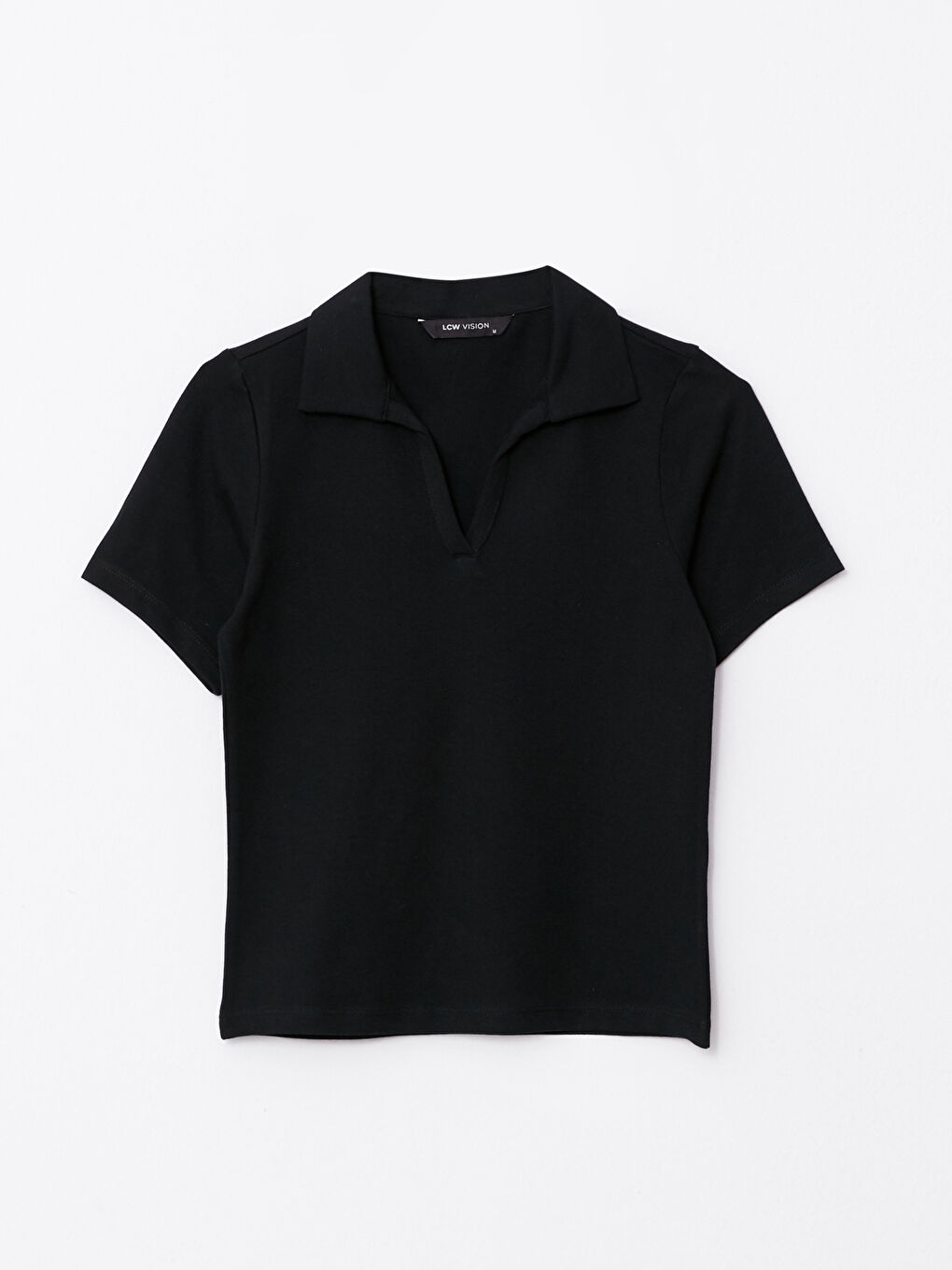 Siyah Polo Yaka Düz Kısa Kollu Kadın Tişört-5
