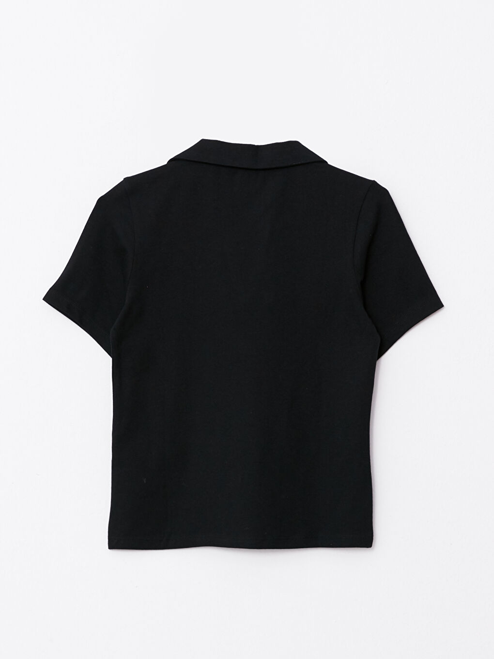 Siyah Polo Yaka Düz Kısa Kollu Kadın Tişört-6