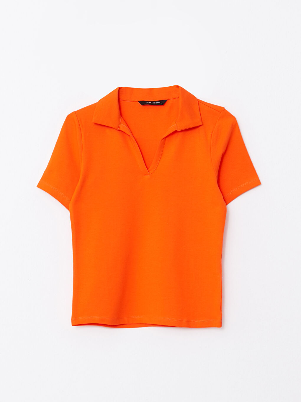 Turuncu Polo Yaka Düz Kısa Kollu Kadın Tişört-5