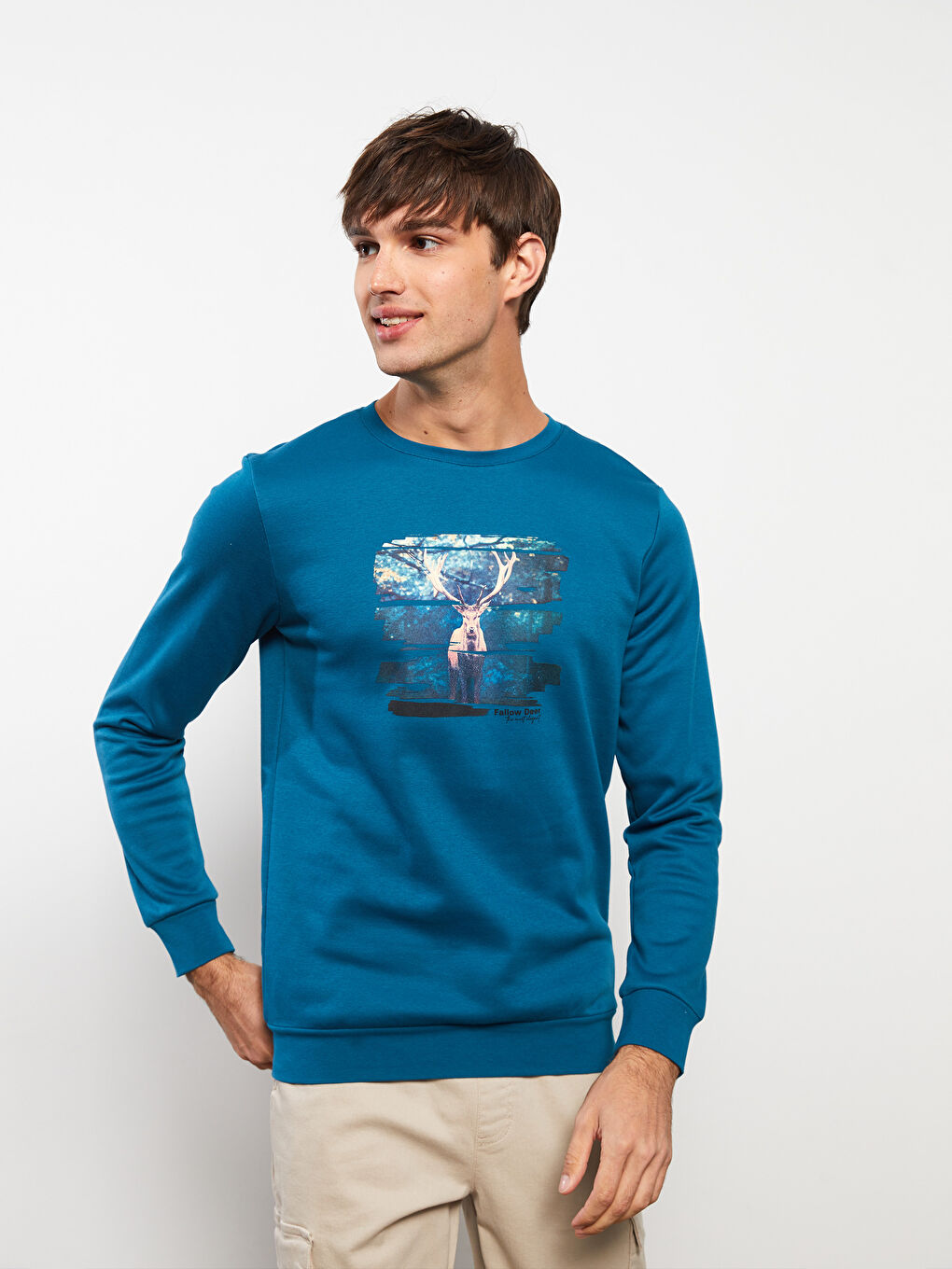 LCW Casual Petrol Bisiklet Yaka Uzun Kollu Baskılı Erkek Sweatshirt