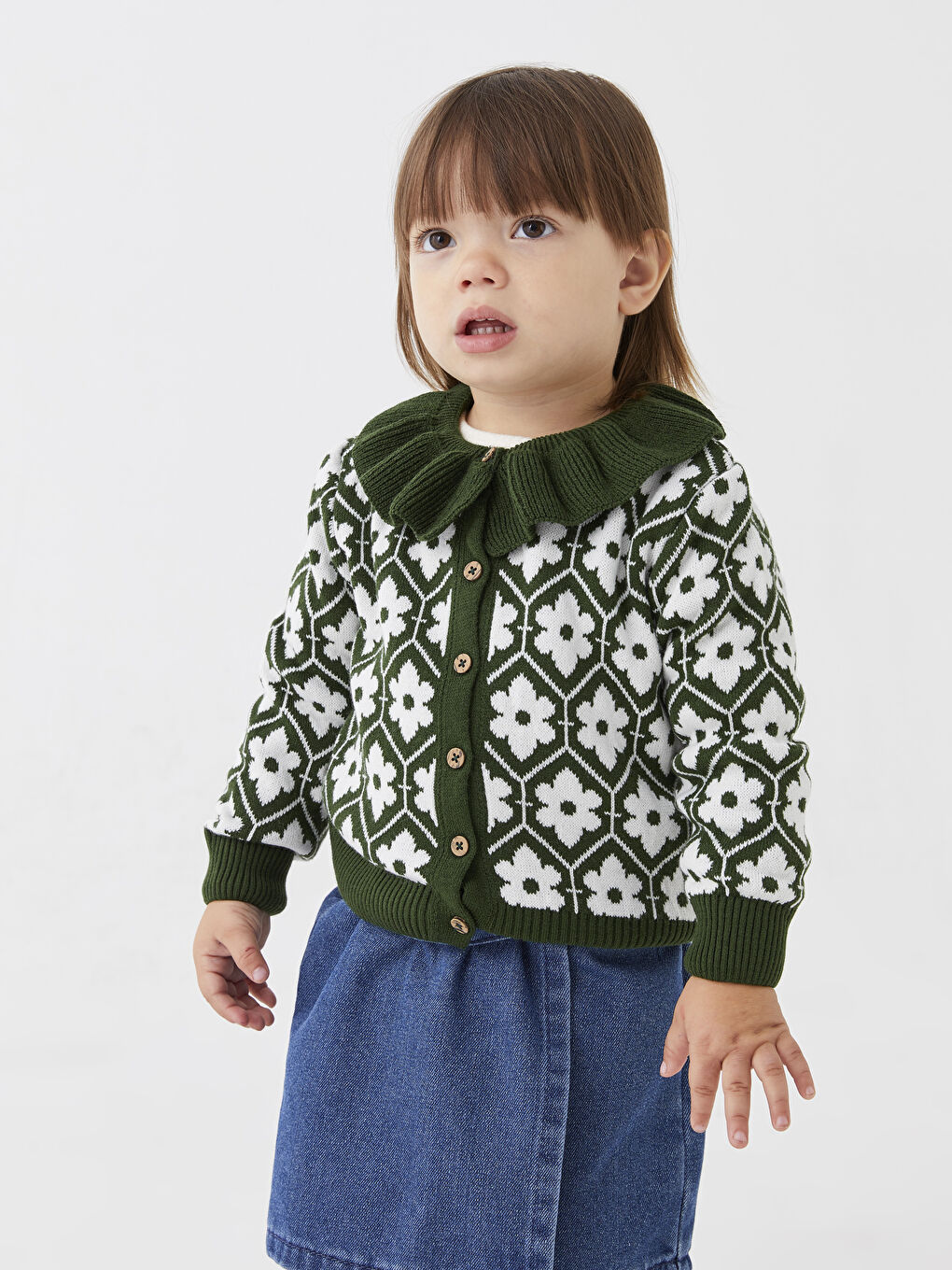 Yeşil Fırfırlı Bisiklet Yaka Uzun Kollu Desenli Kız Bebek Triko Hırka