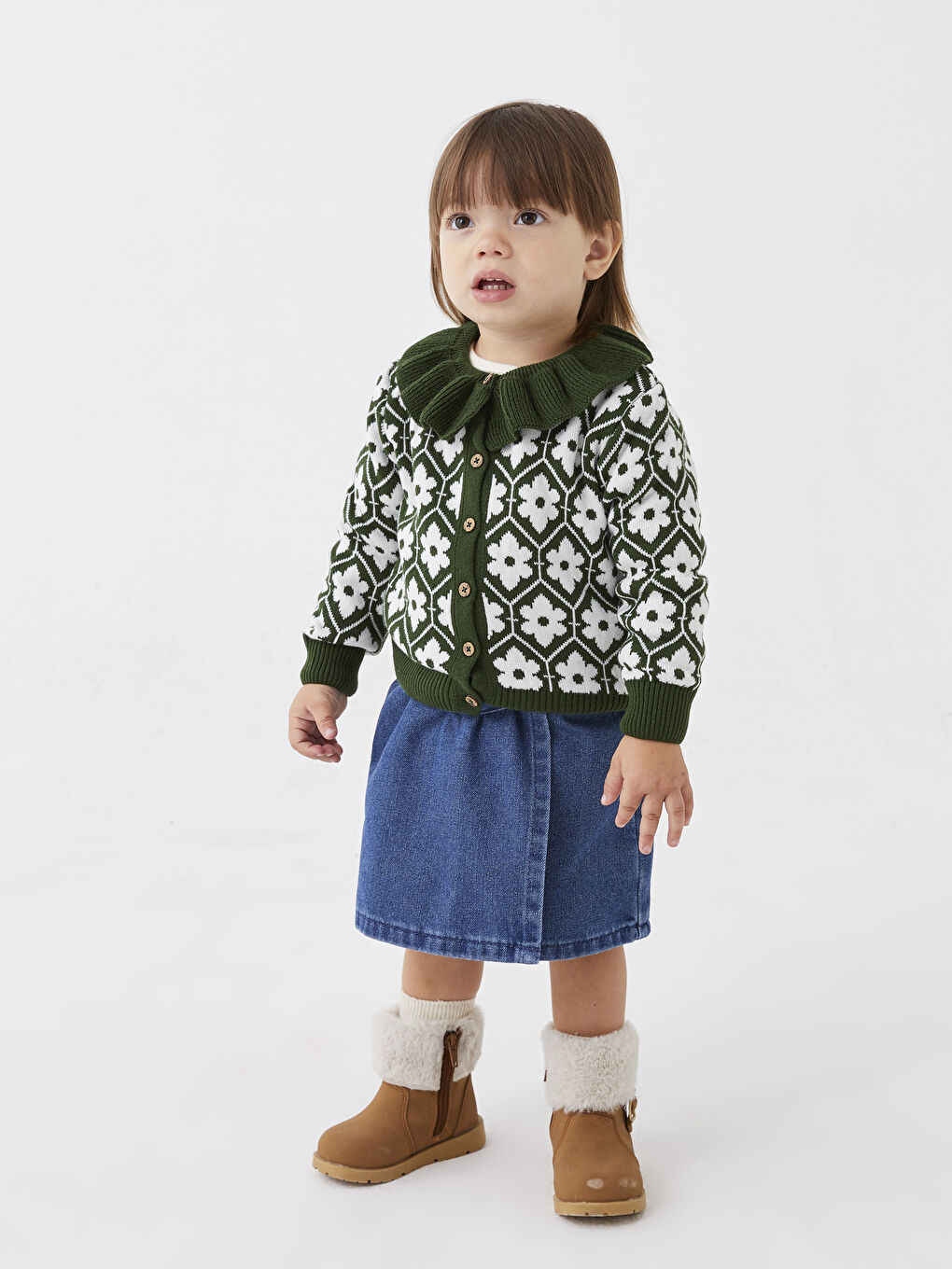 Yeşil Fırfırlı Bisiklet Yaka Uzun Kollu Desenli Kız Bebek Triko Hırka-1