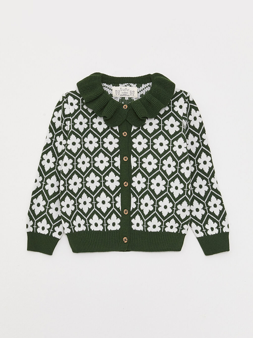 Yeşil Fırfırlı Bisiklet Yaka Uzun Kollu Desenli Kız Bebek Triko Hırka-2