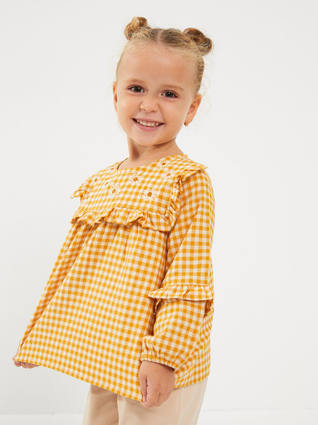 Sarı Bisiklet Yaka Uzun Kollu Nakış Detaylı Kız Bebek Bluz