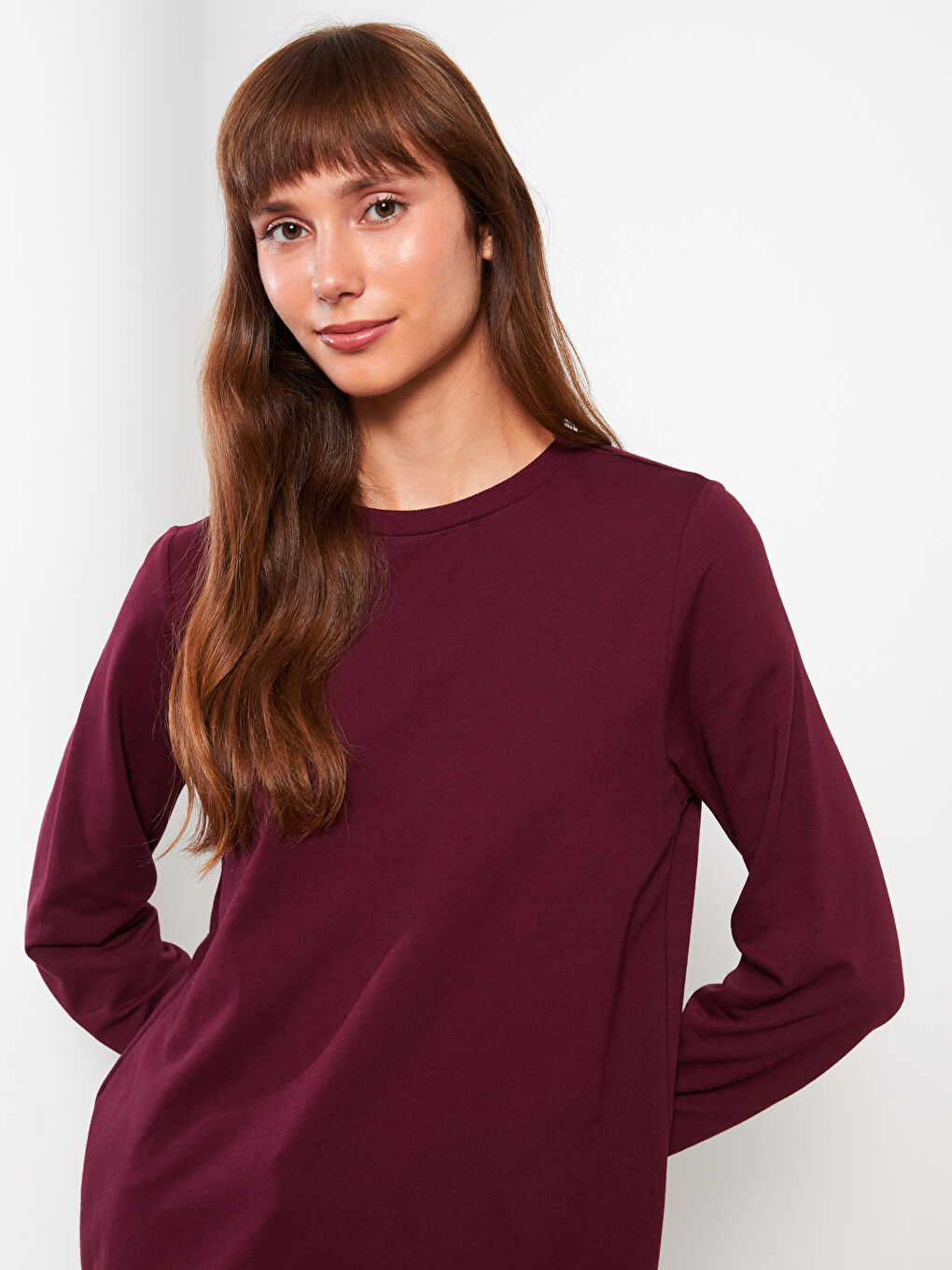 LCW Modest Bordo Bisiklet Yaka Düz Uzun Kollu Kadın Sweatshirt Tunik