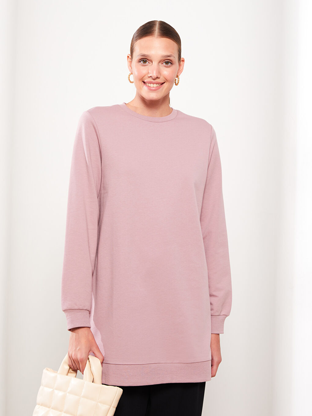 LCW Modest Pembe Bisiklet Yaka Düz Uzun Kollu Kadın Sweatshirt Tunik