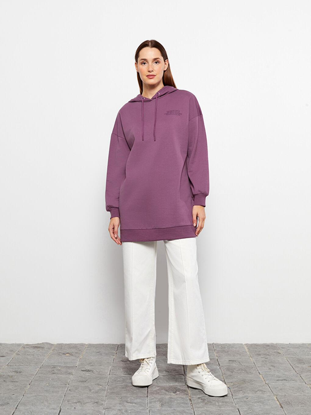 LCW Modest Açık Mürdüm Kapüşonlu Baskılı Uzun Kollu Kadın Sweatshirt Tunik - 2