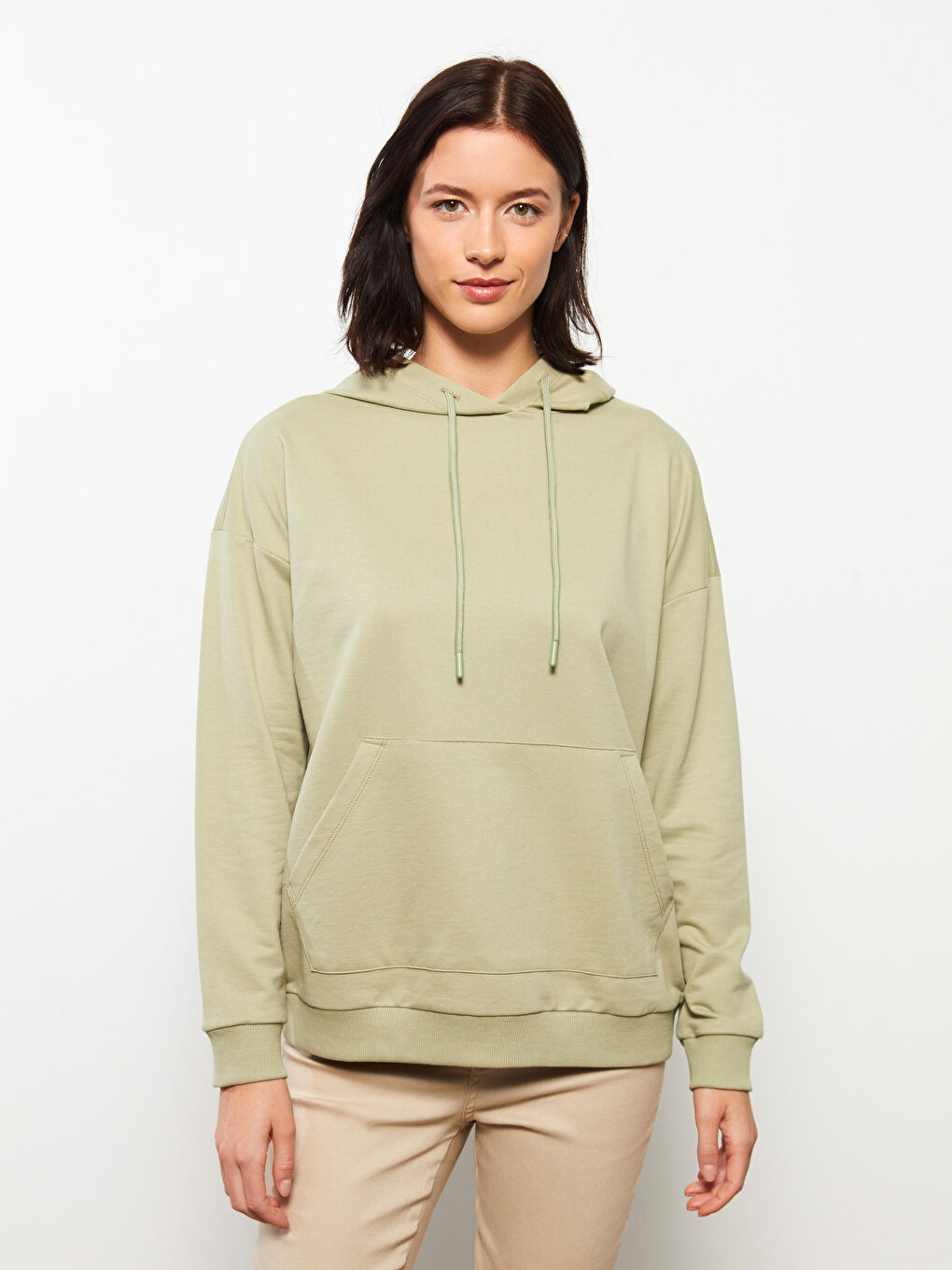 LCWAIKIKI Basic Mat Yeşil Düz Oversize Kadın Hoodie - 1