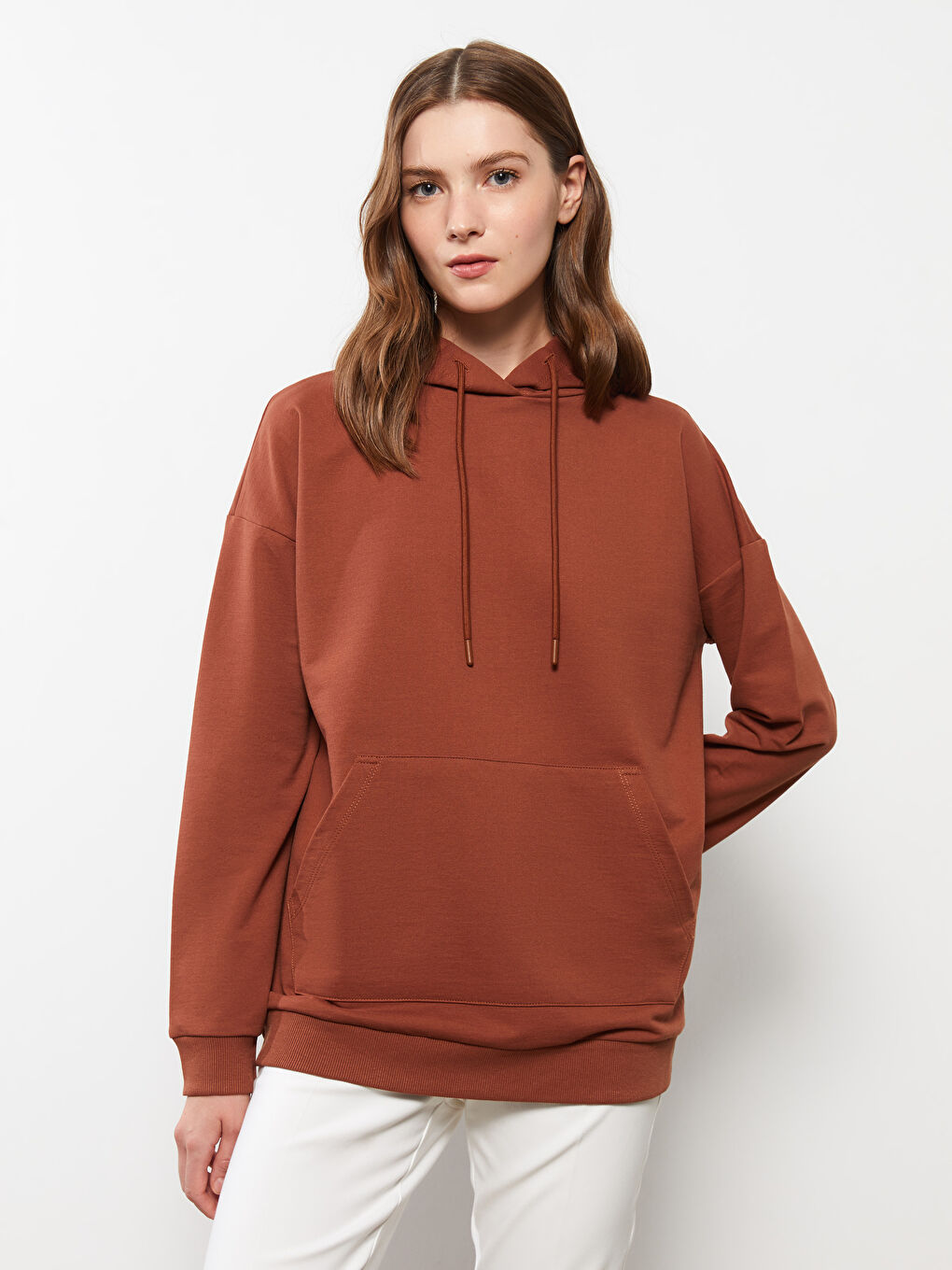 Kahverengi Düz Oversize Kadın Hoodie