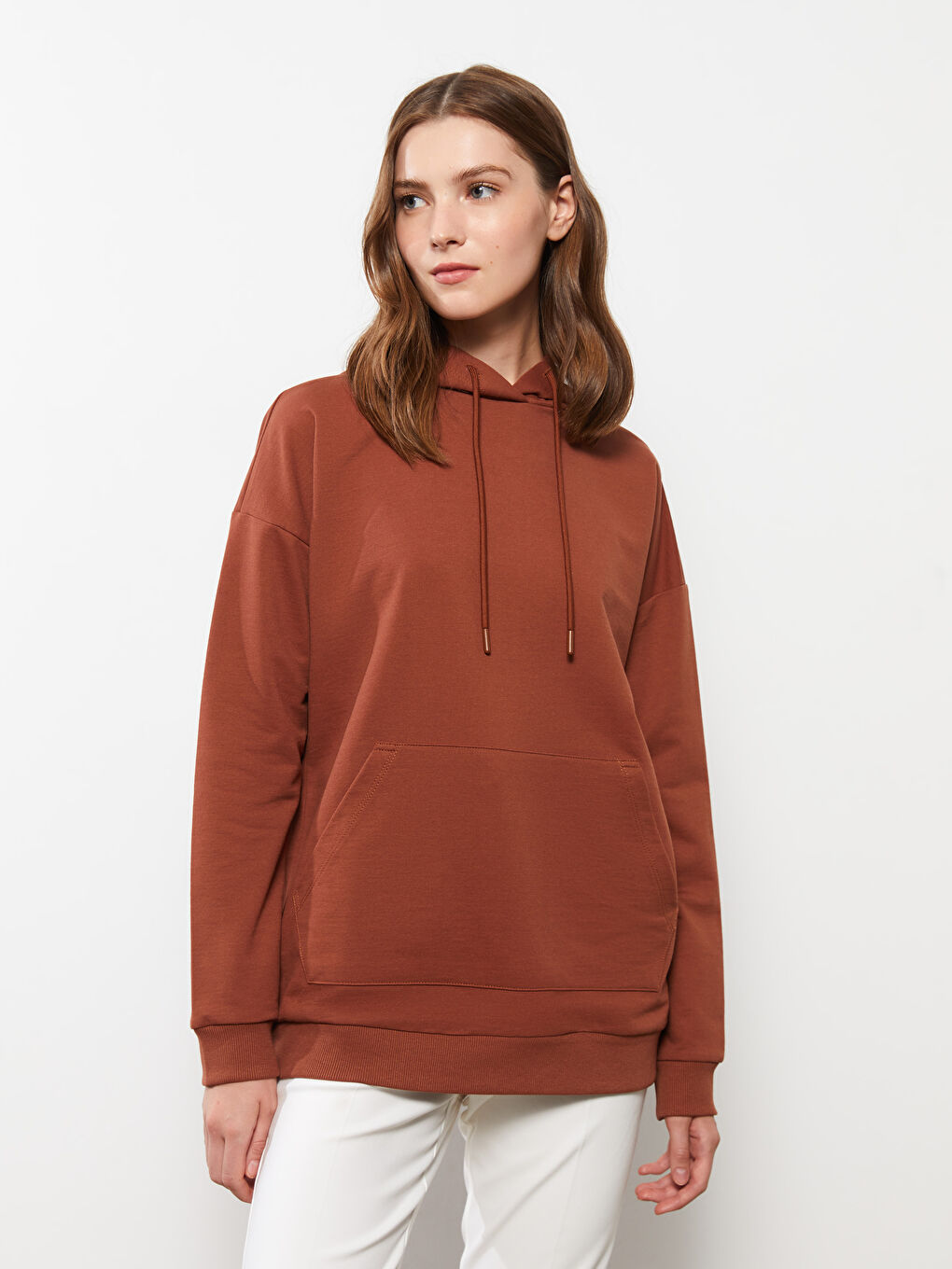 Kahverengi Düz Oversize Kadın Hoodie-1
