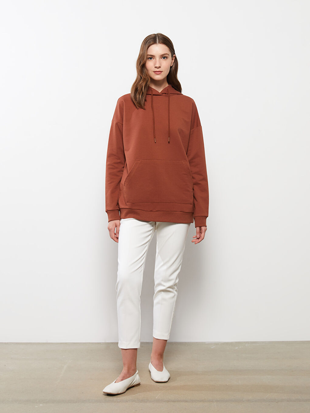 Kahverengi Düz Oversize Kadın Hoodie-2