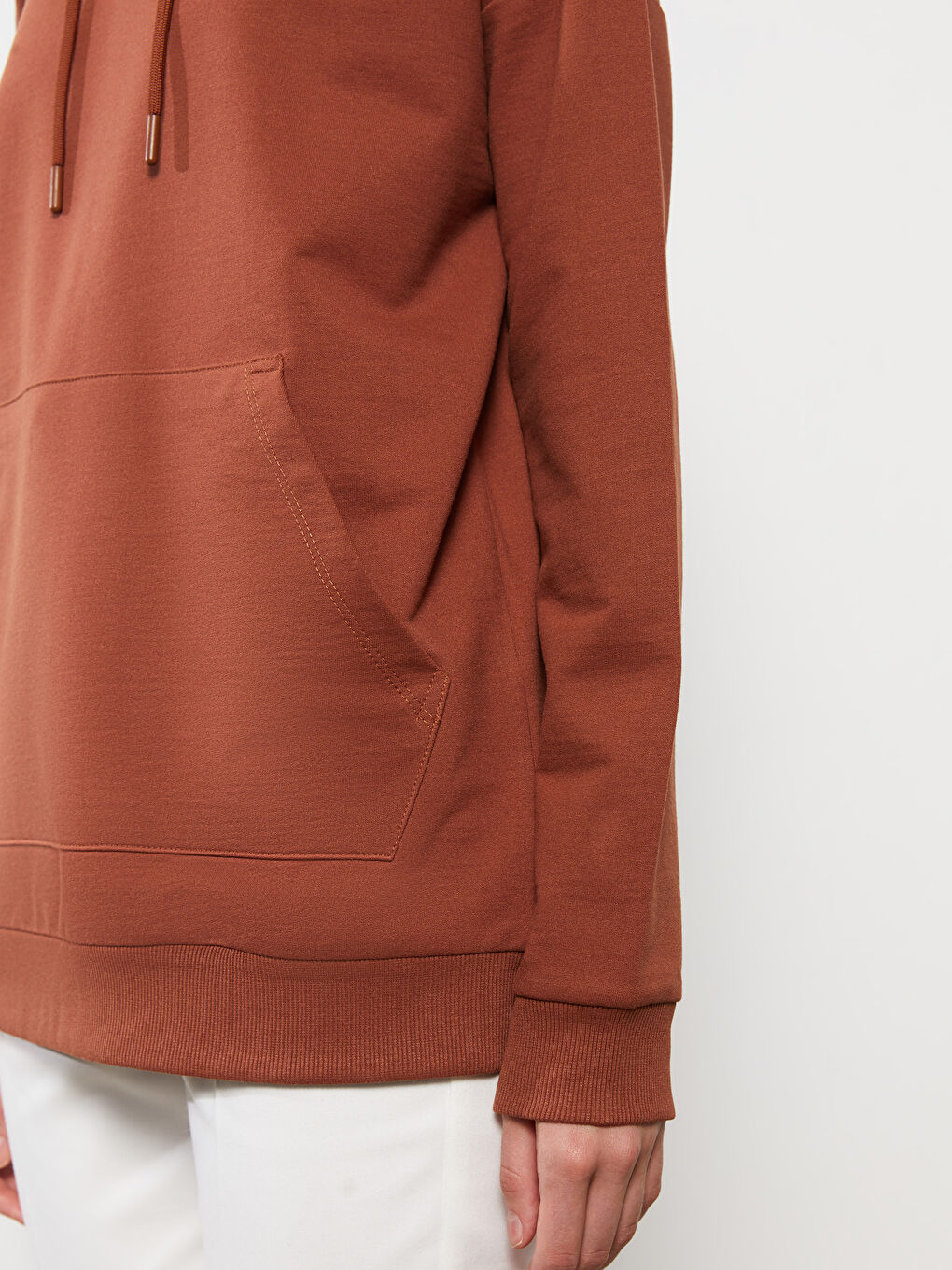 Kahverengi Düz Oversize Kadın Hoodie-3