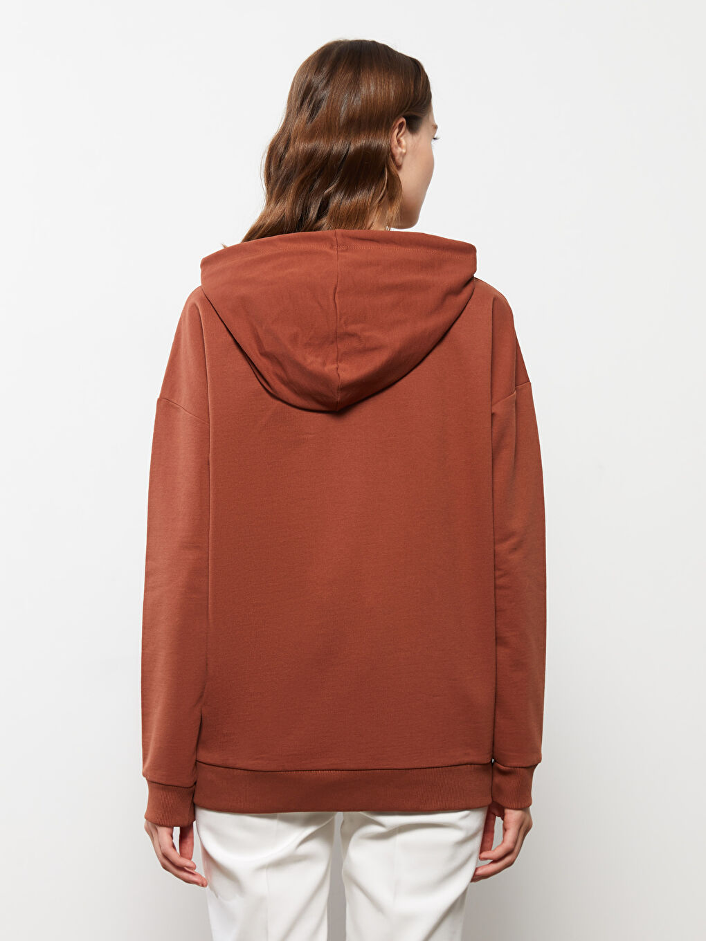 Kahverengi Düz Oversize Kadın Hoodie-4