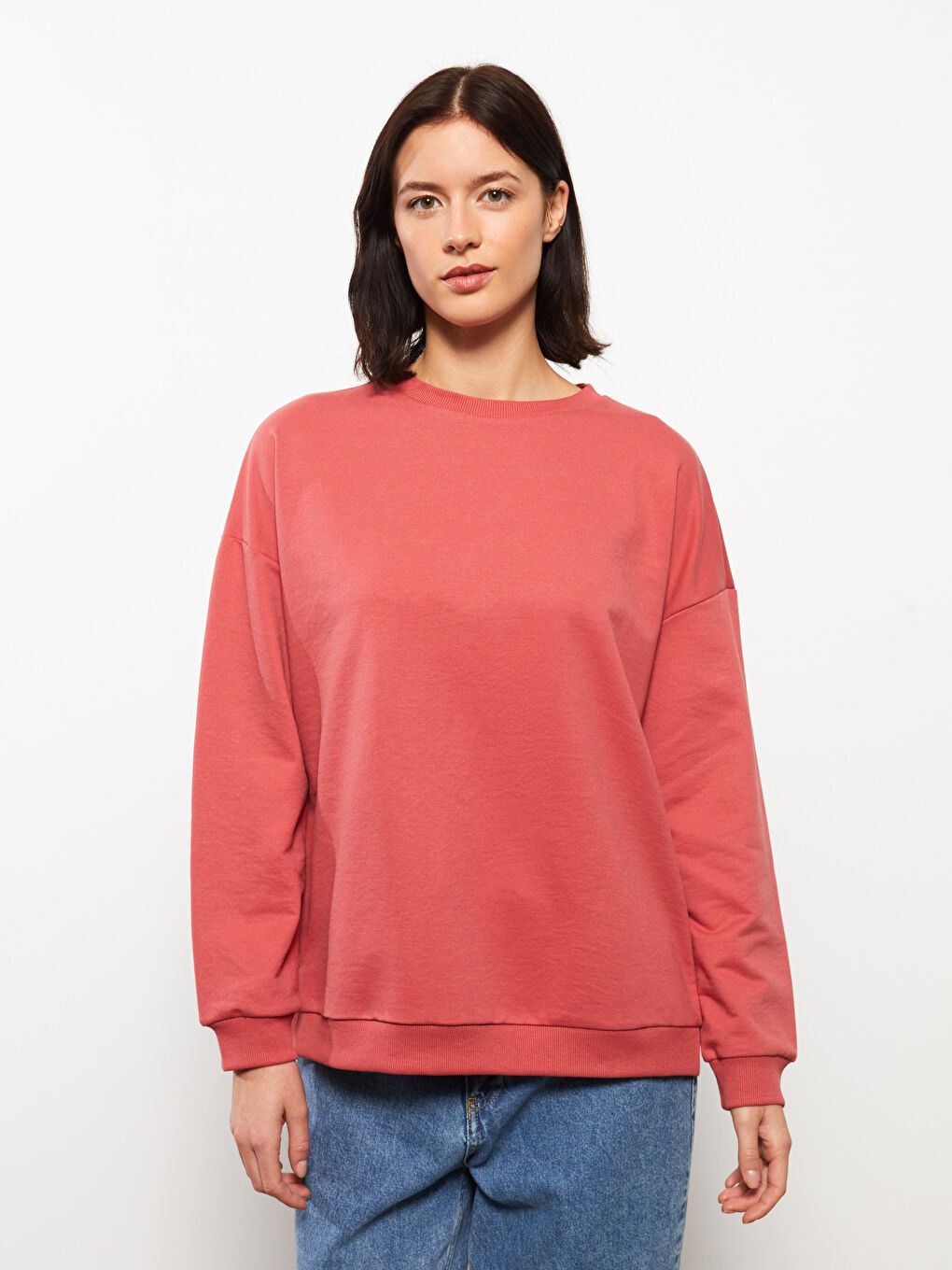 Kırmızı Bisiklet Yaka Oversize Kadın Sweatshirt-2